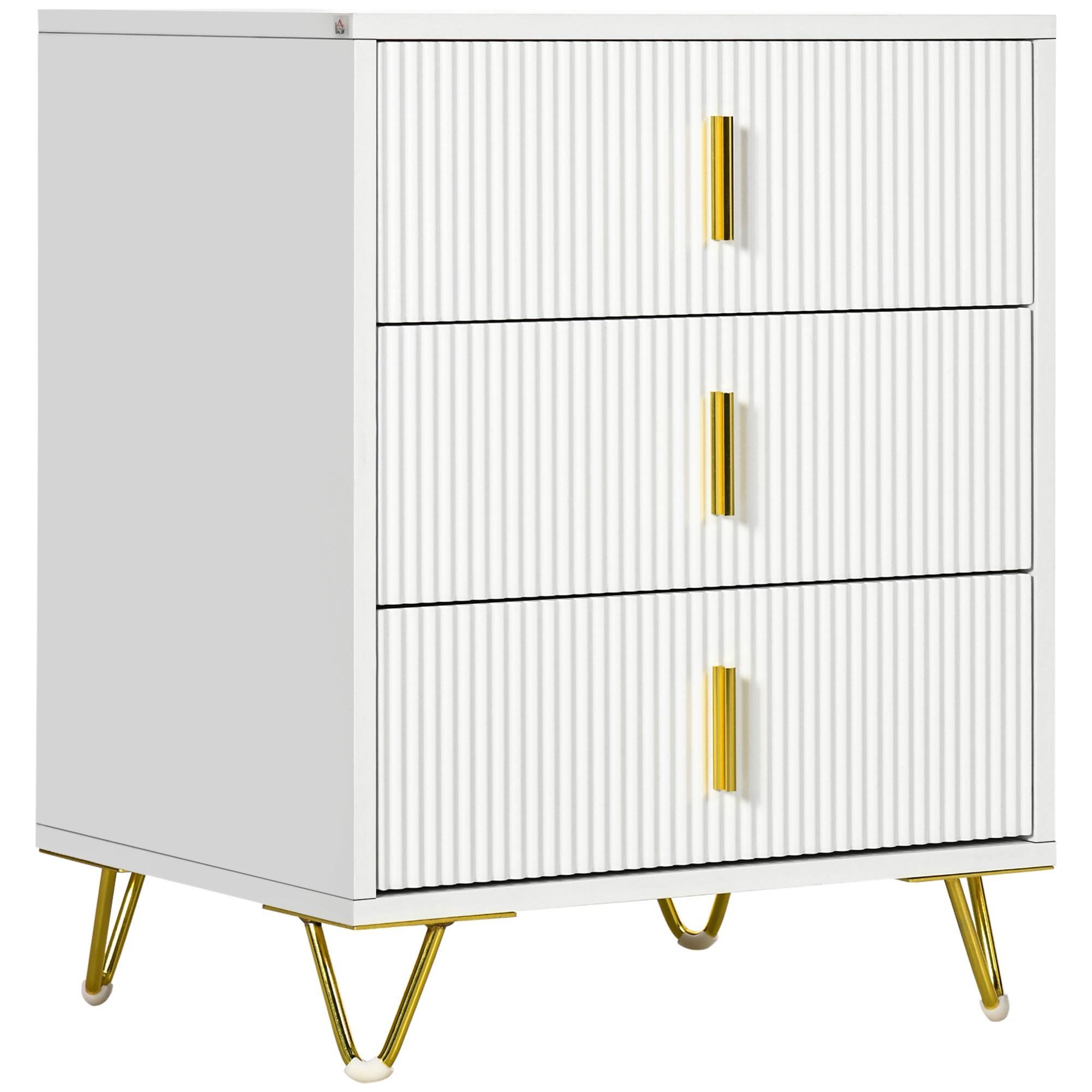 White Three Drawer Storage Cabinet with Metal Legs