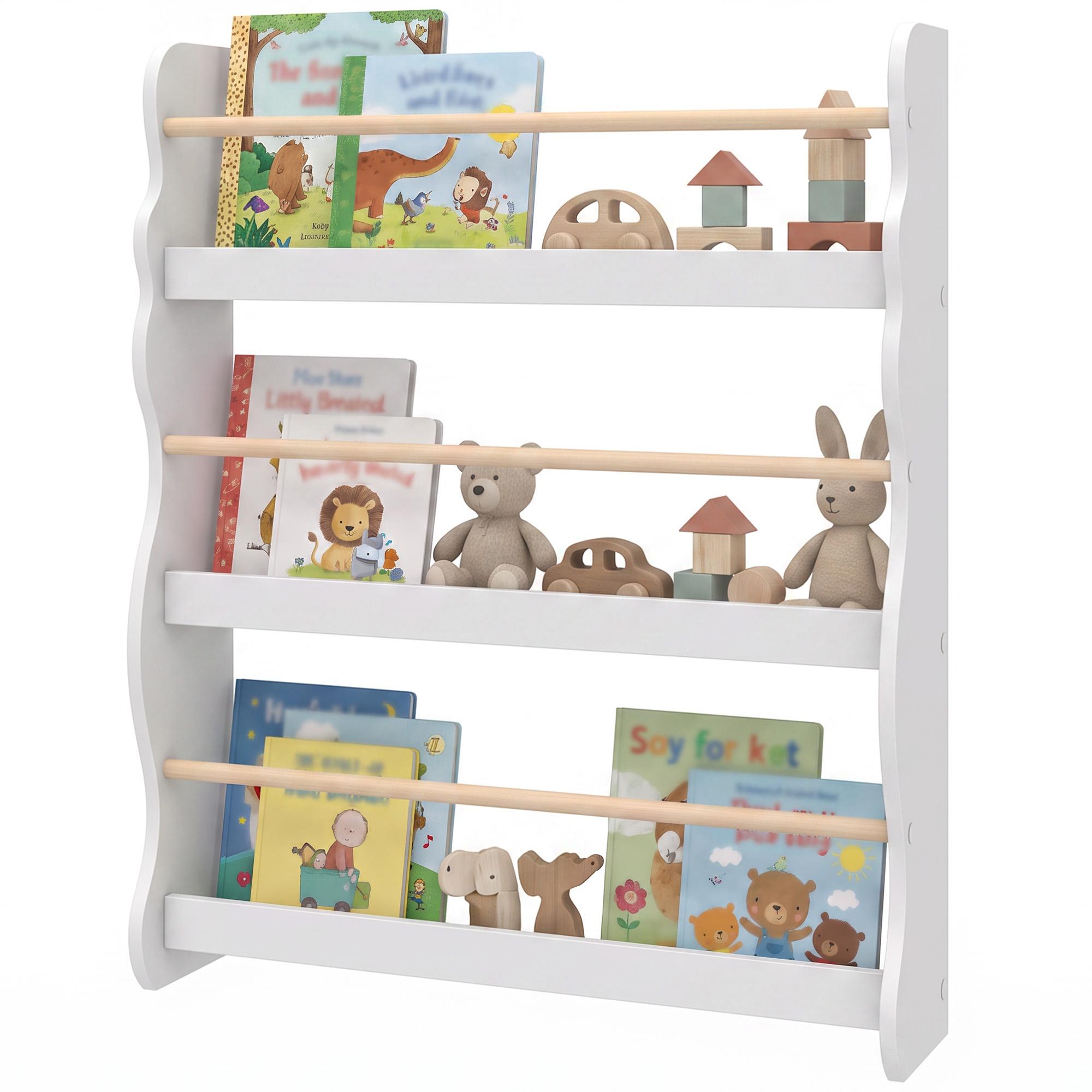 White Melamine Kids Bookcase, 3-Tier Wall-Mounted Storage