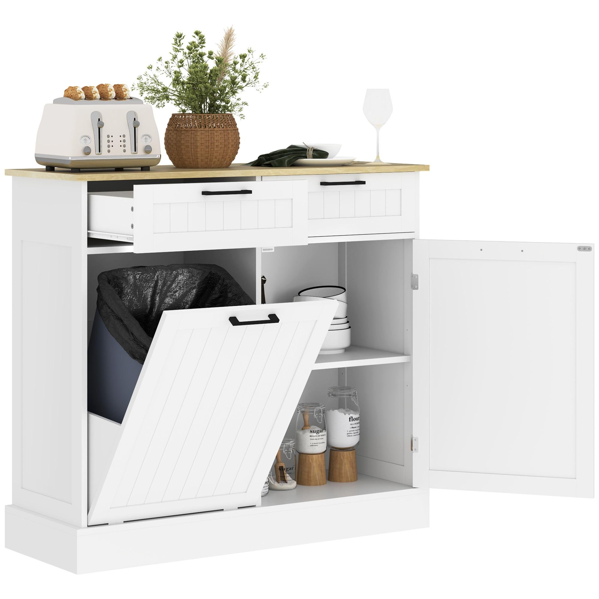 White Tilt Out Trash Cabinet with Drawers and Storage