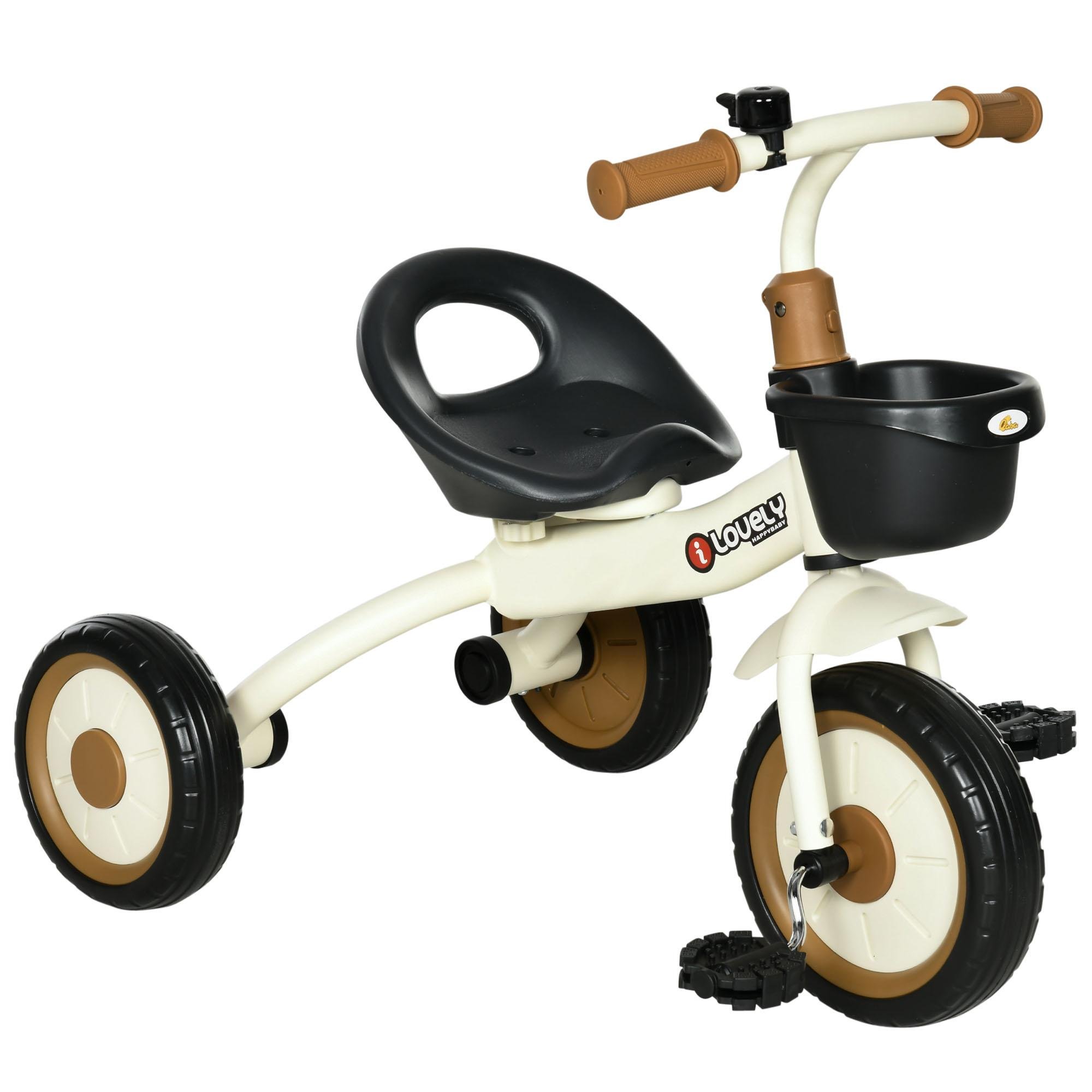 White Adjustable Seat Toddler Tricycle with Bell and Basket