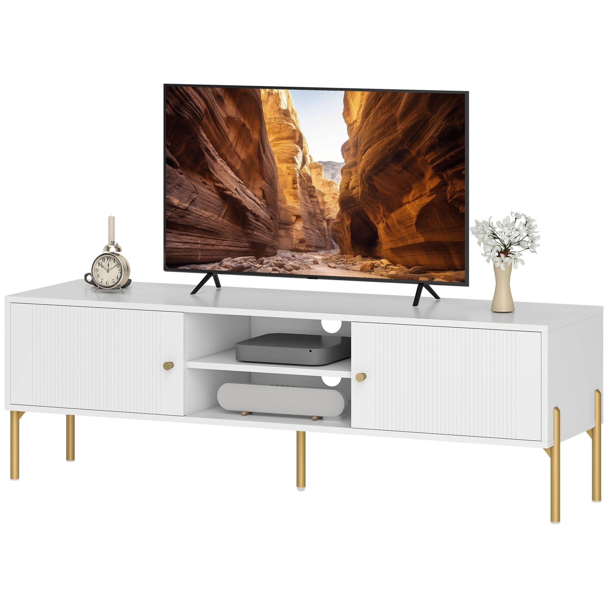 White 65 inch tv console with fluted doors and storage