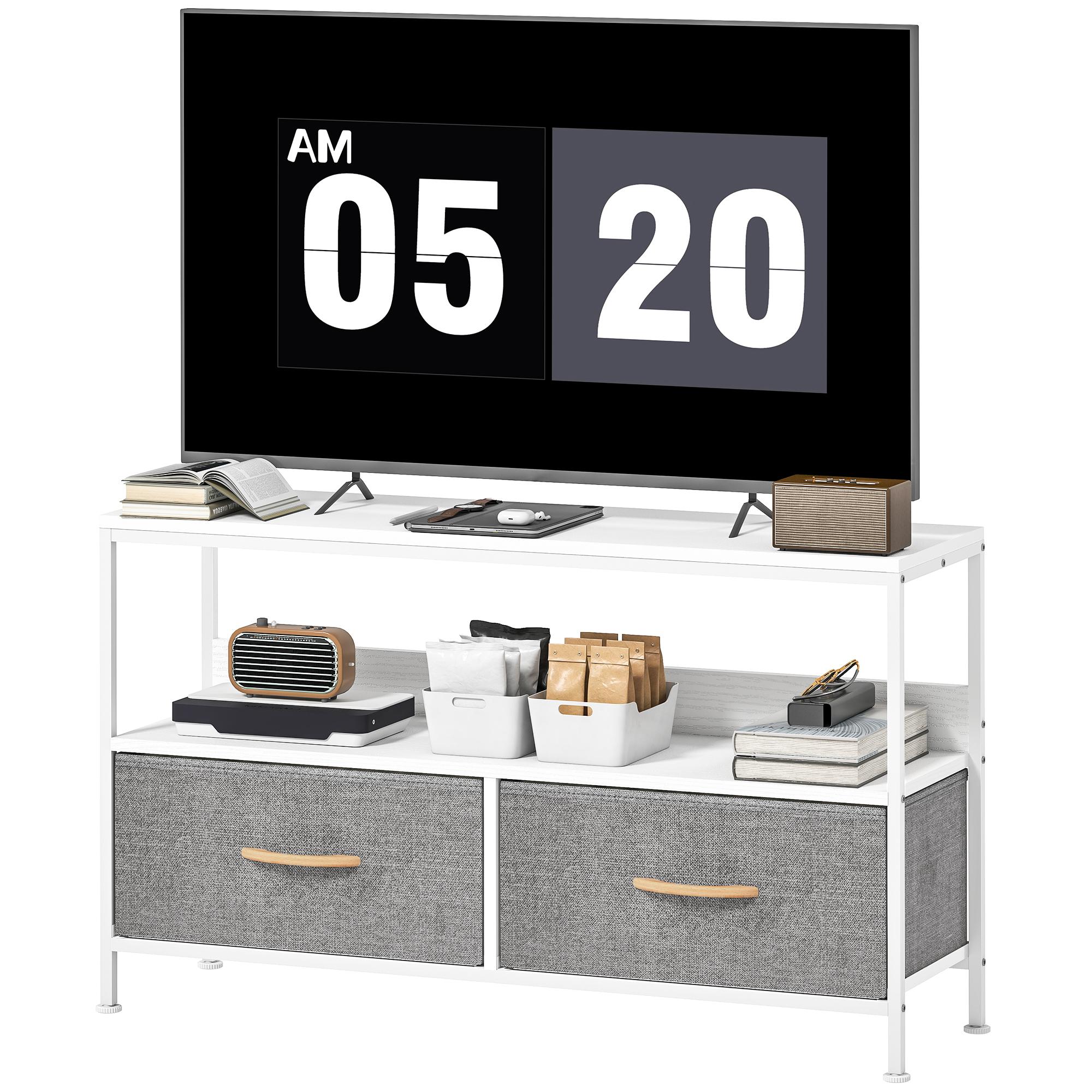 White Linen Drawer TV Stand with Foldable Storage for 47-Inch TVs