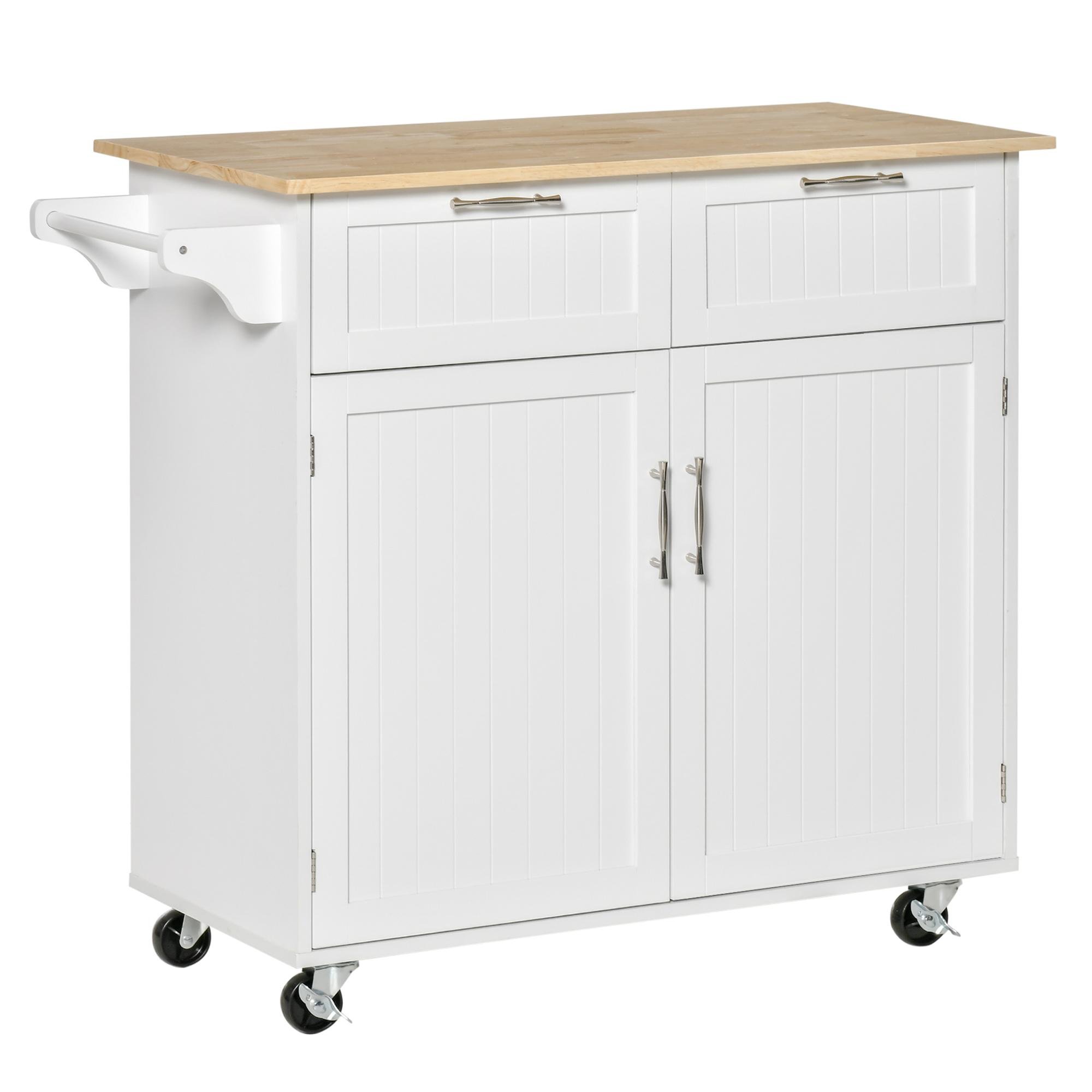 White Two-Door Kitchen Cart with Rubberwood Top and Storage