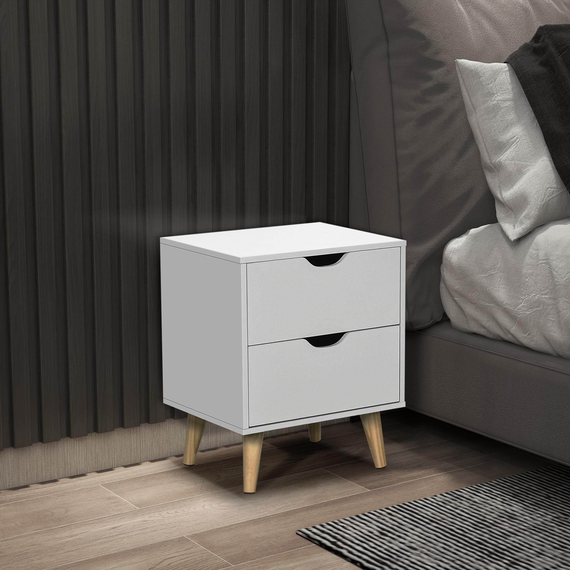 White Two Drawer Bedside Table with Pine Legs