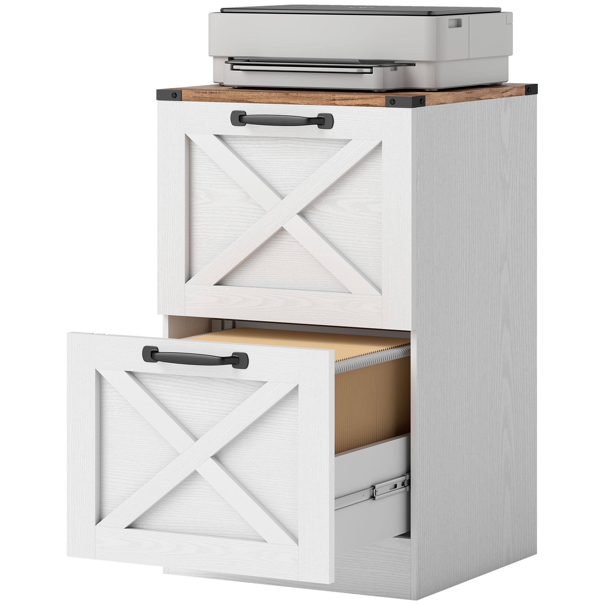 White 2 Drawer Farmhouse Cabinet with Silent Slides