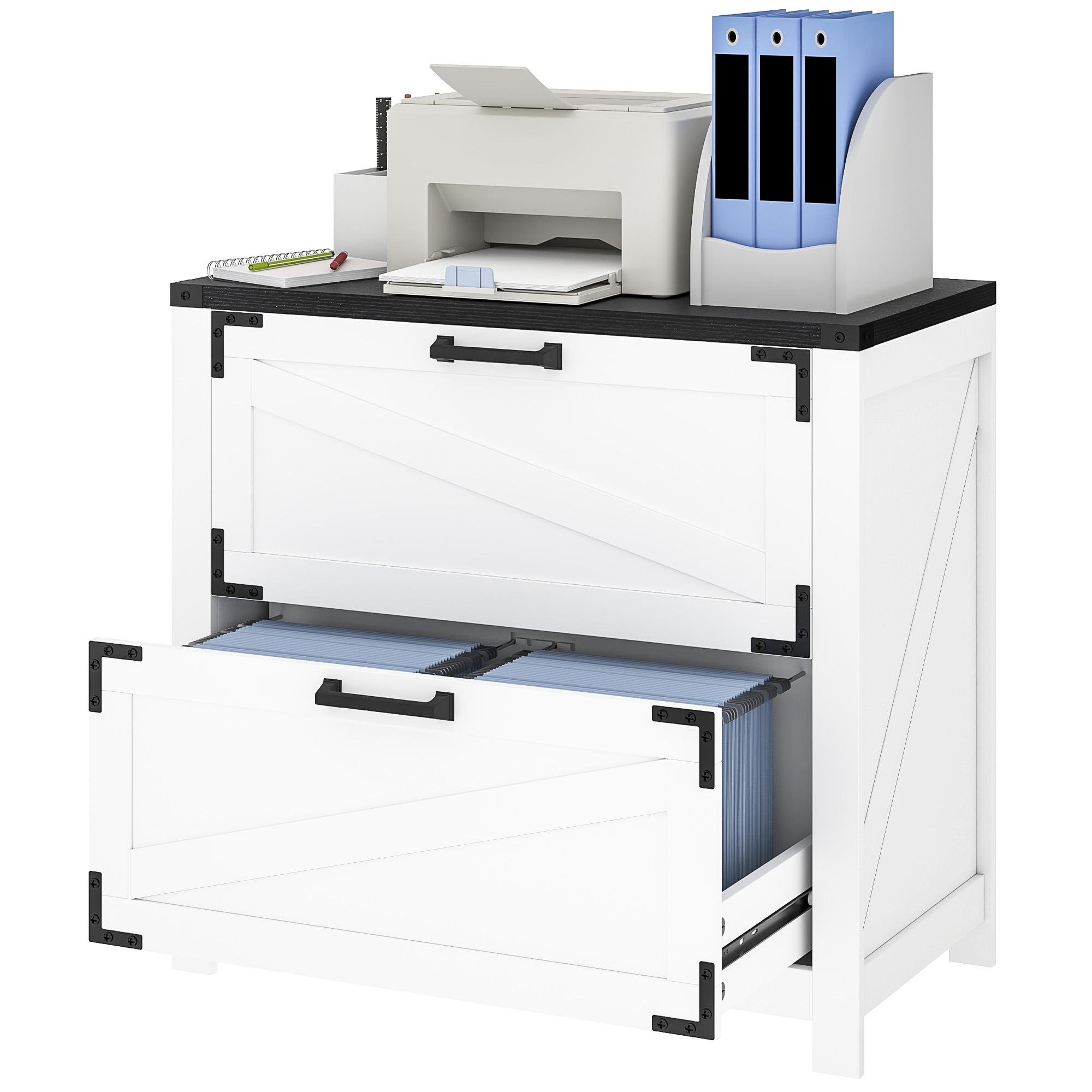 White Farmhouse Office Cabinet with Two Drawers