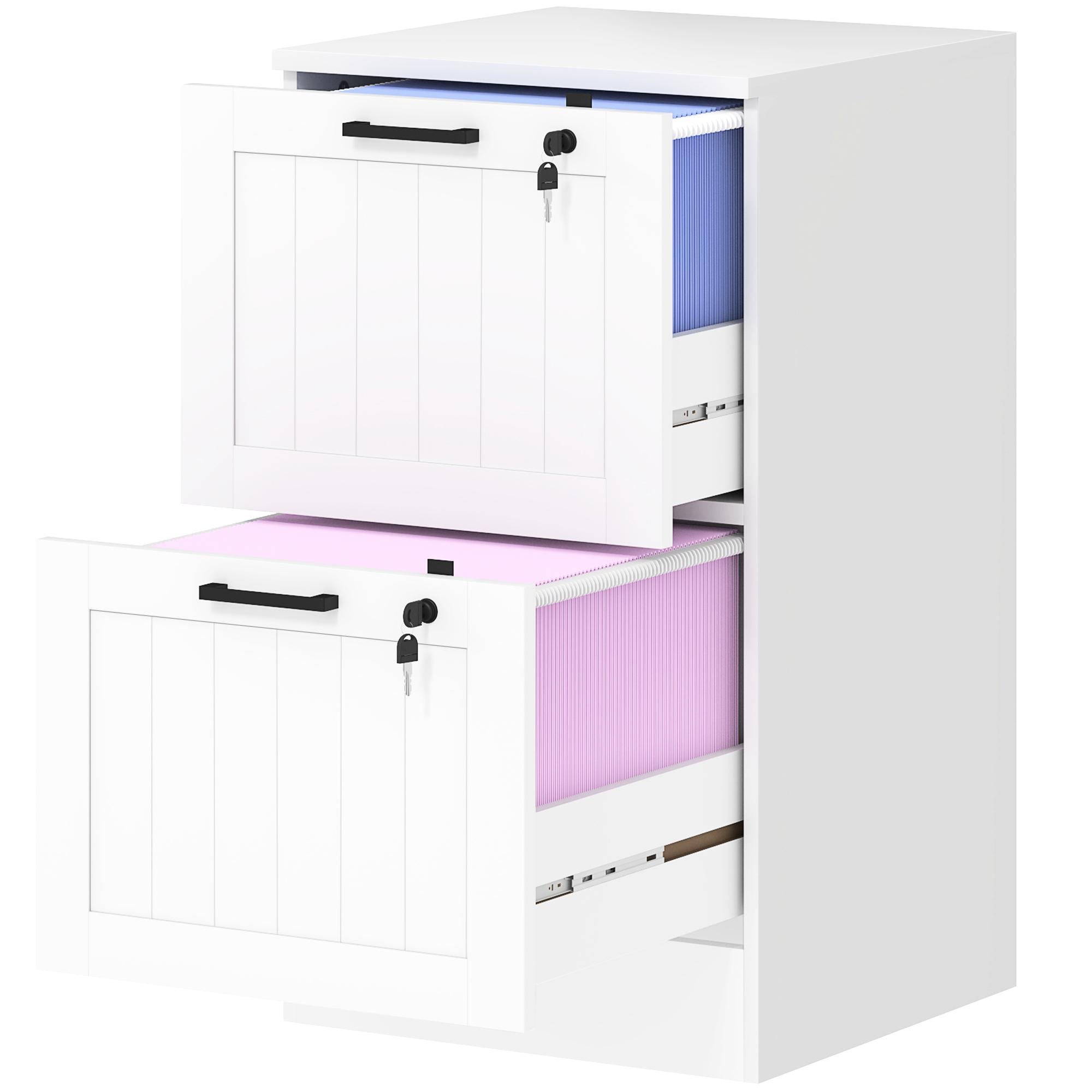 White two drawer office cabinet with lockable drawers, compact size