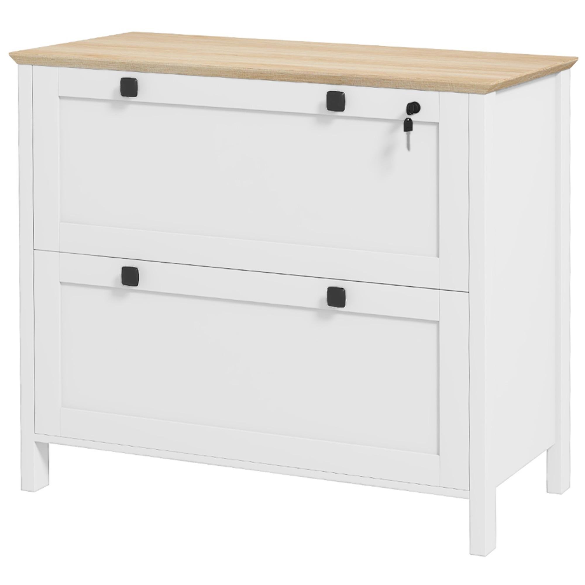 White Lockable Engineered Wood Cabinet with 2 Drawers