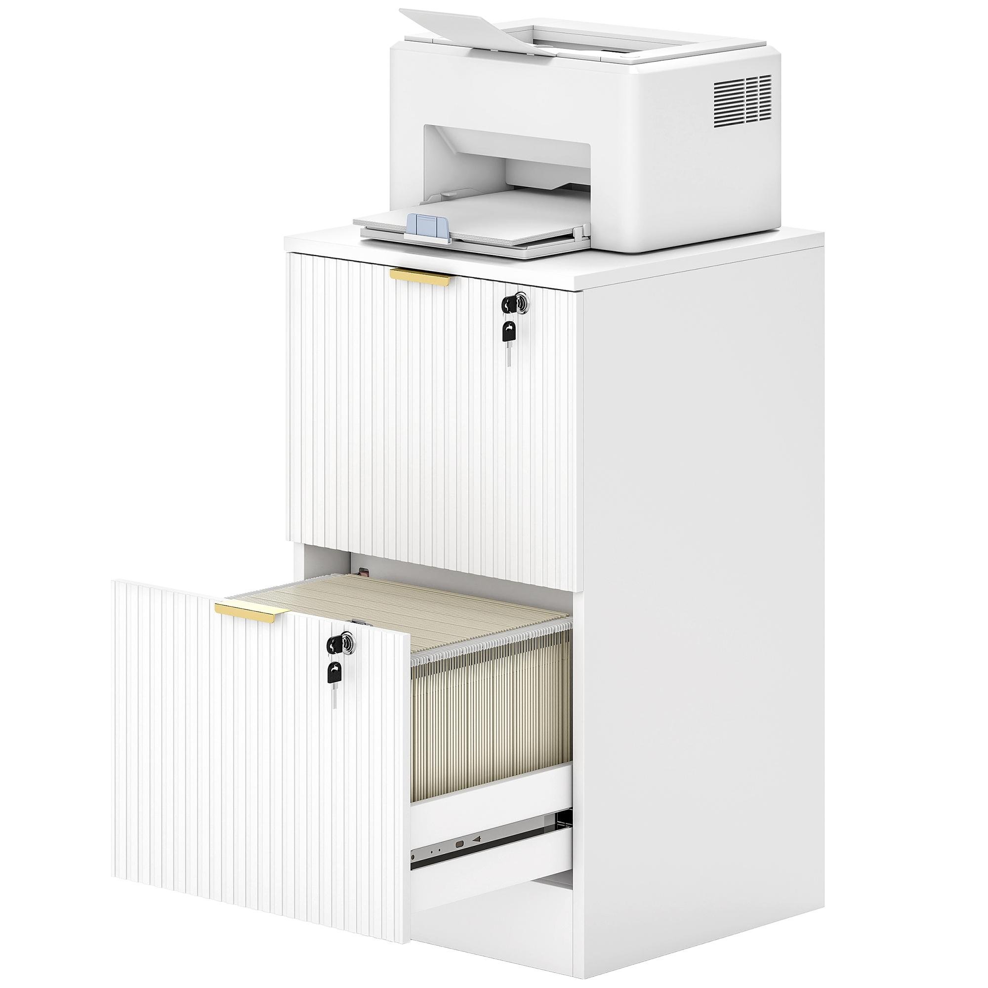 White Fluted File Cabinet with Lockable 2-Drawer Storage