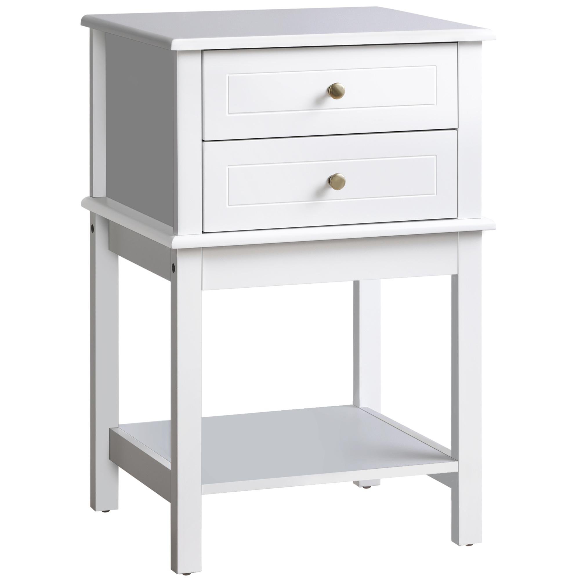 White Storage Side Table with Two Drawers and Lower Shelf