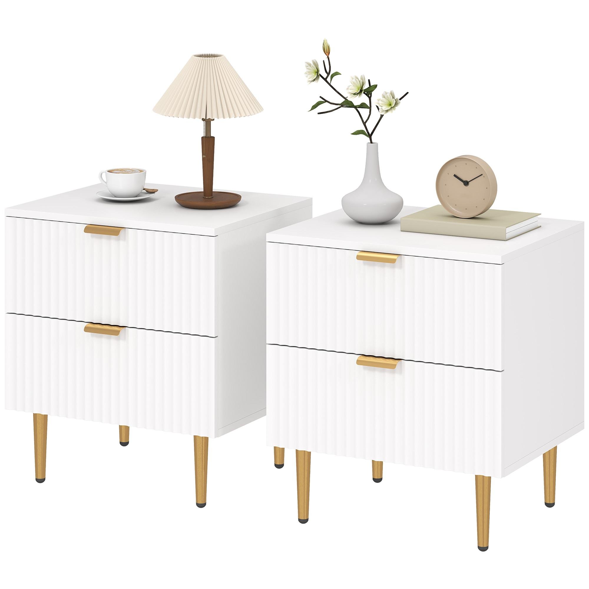 White Fluted Two Drawer Nightstand with Gold Pulls