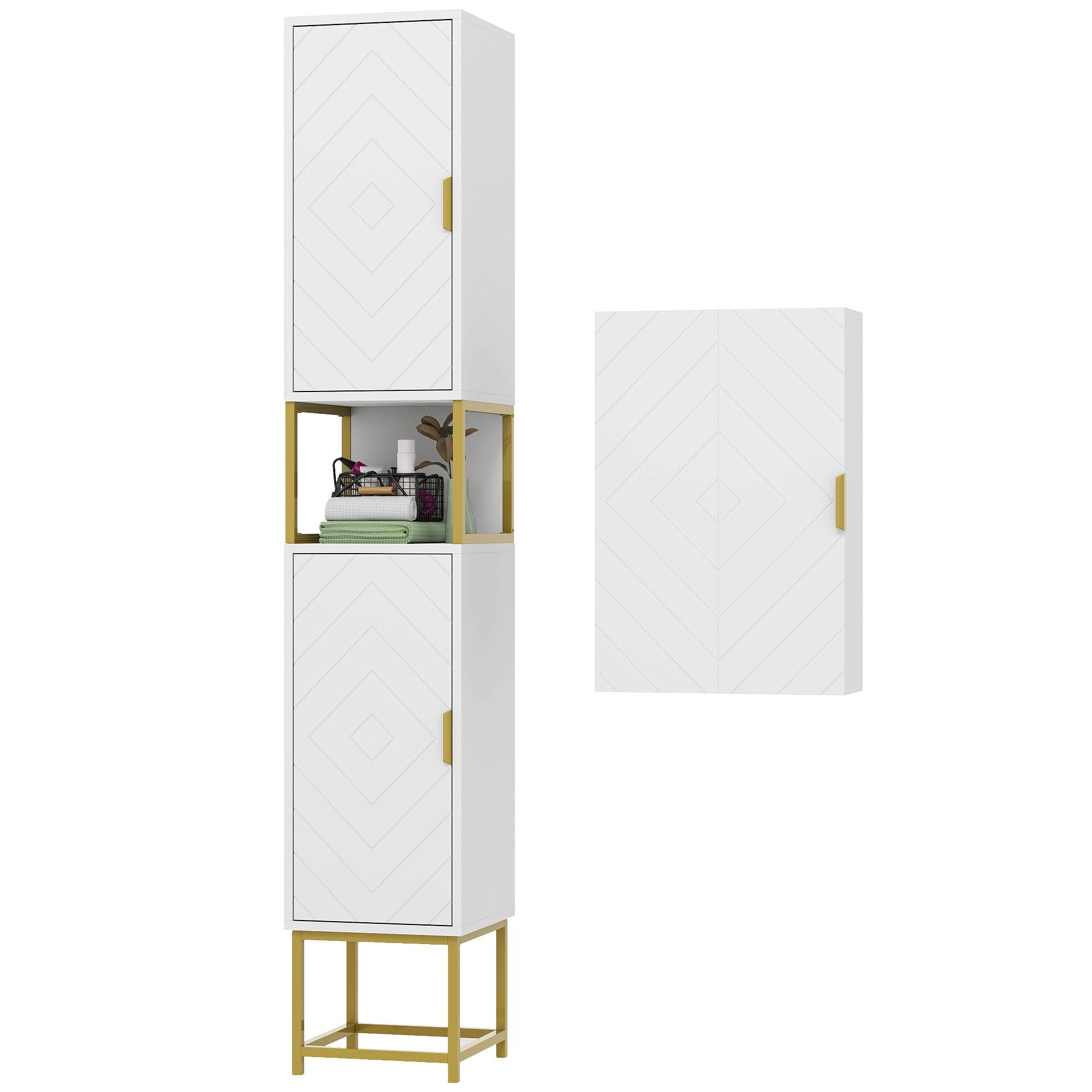 White Chevron Bathroom Cabinet Set with Adjustable Shelves