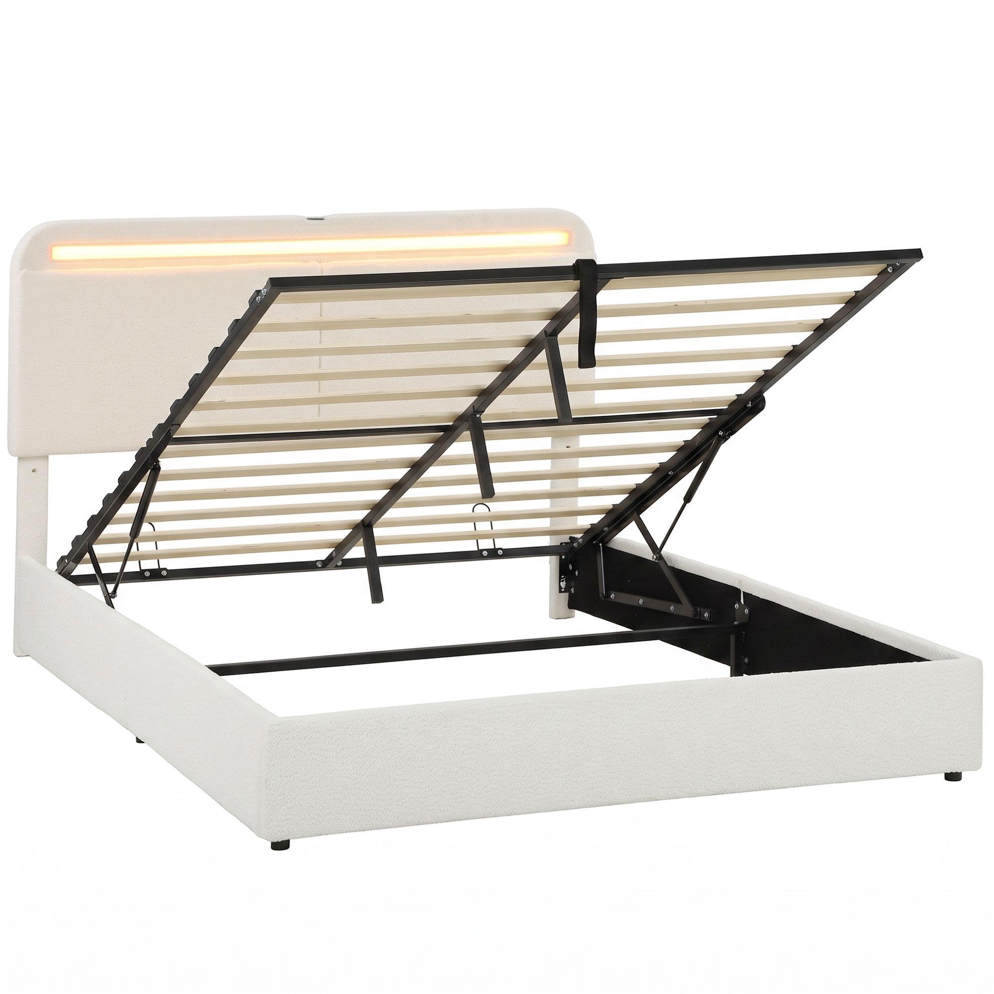 White Queen Storage Bed with LED Lights and Charging Station