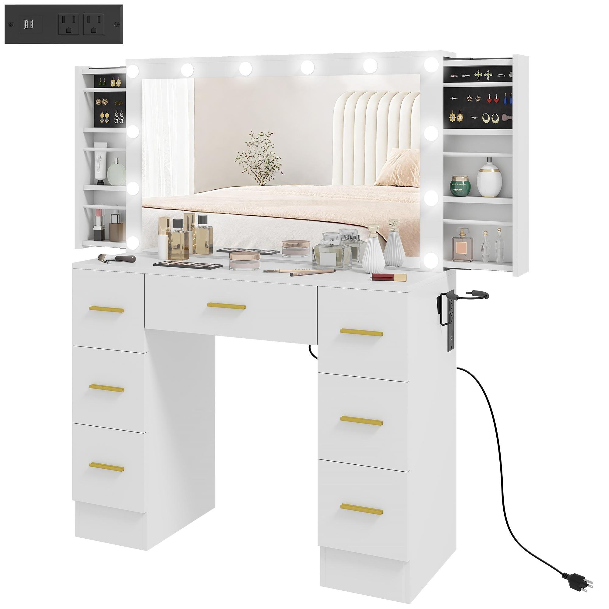 White 12 Bulb Vanity Desk with Seven Drawers