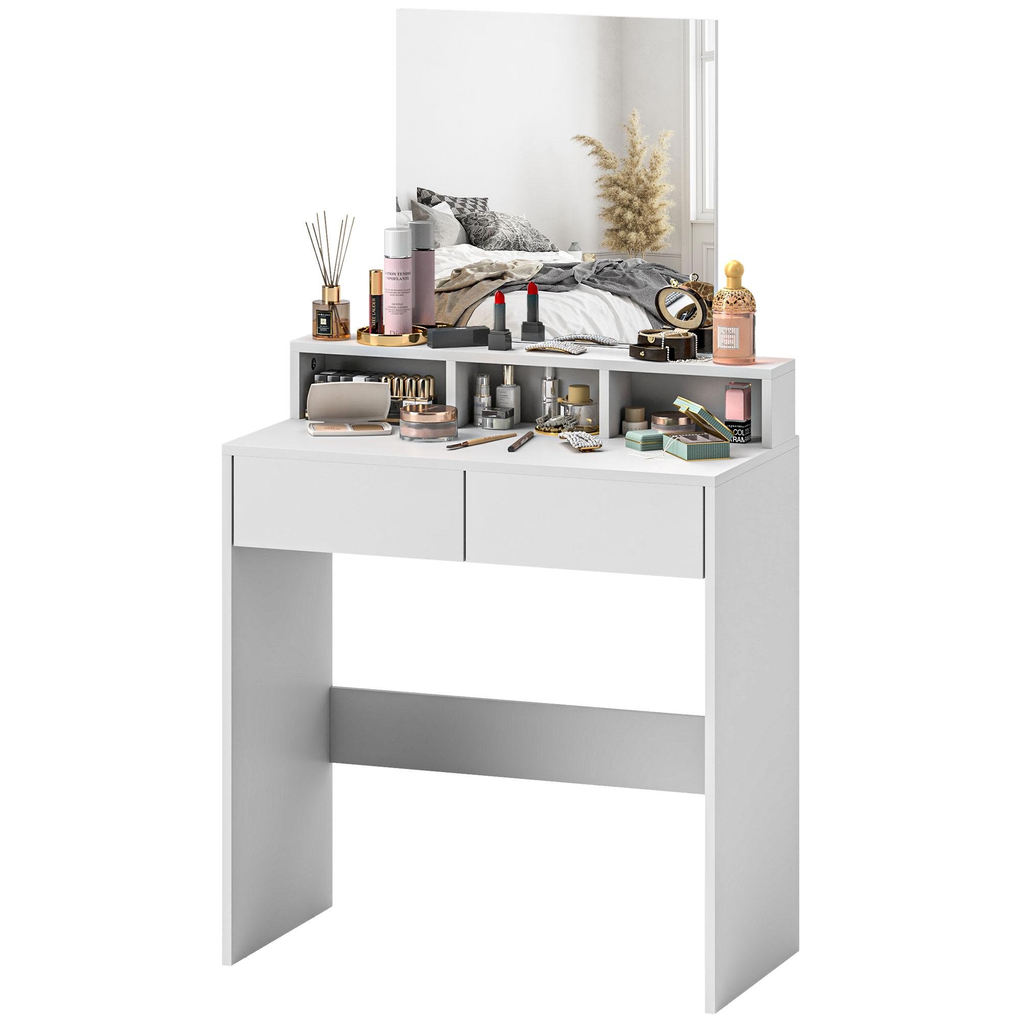 White Vanity Desk with Mirror, Two Drawers, 29.5-Inch