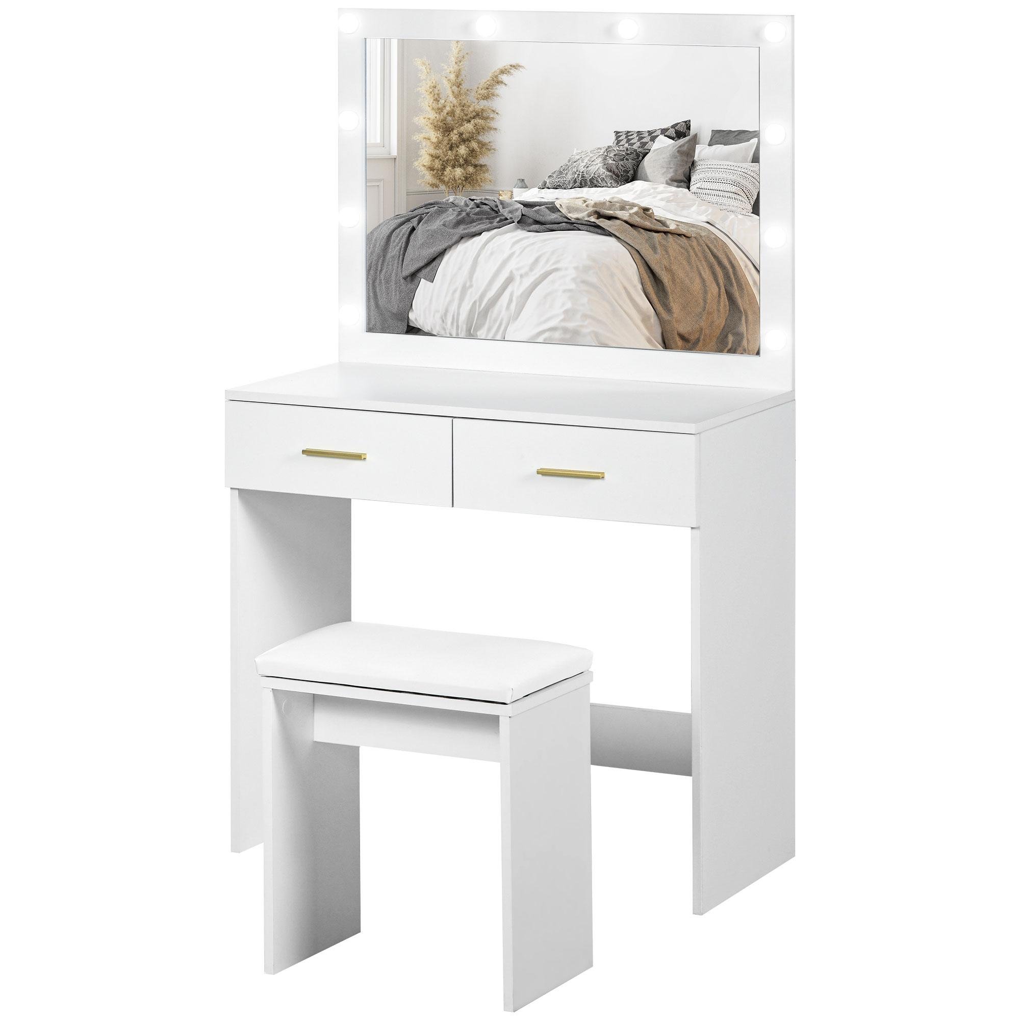 White Lighted Vanity Table with 10-Bulb Mirror and Stool