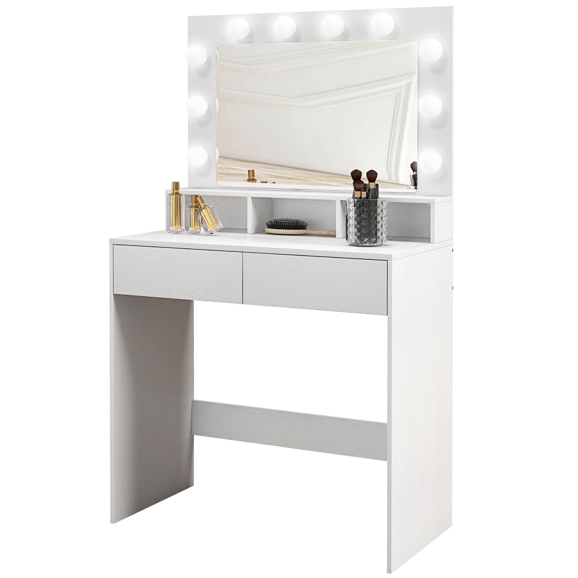 White Nordic Vanity Table with 10-Bulb LED Mirror