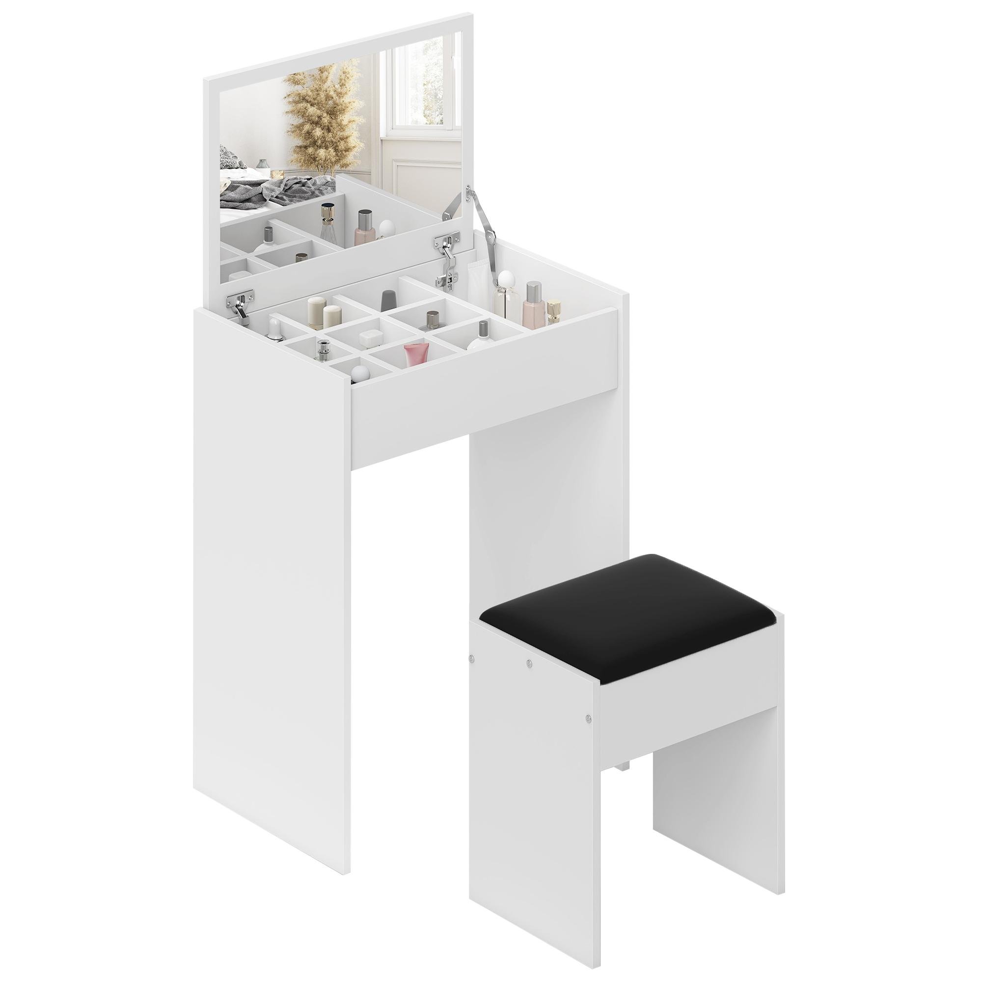 White Compact Vanity Table with Flip-Top Mirror and Stool
