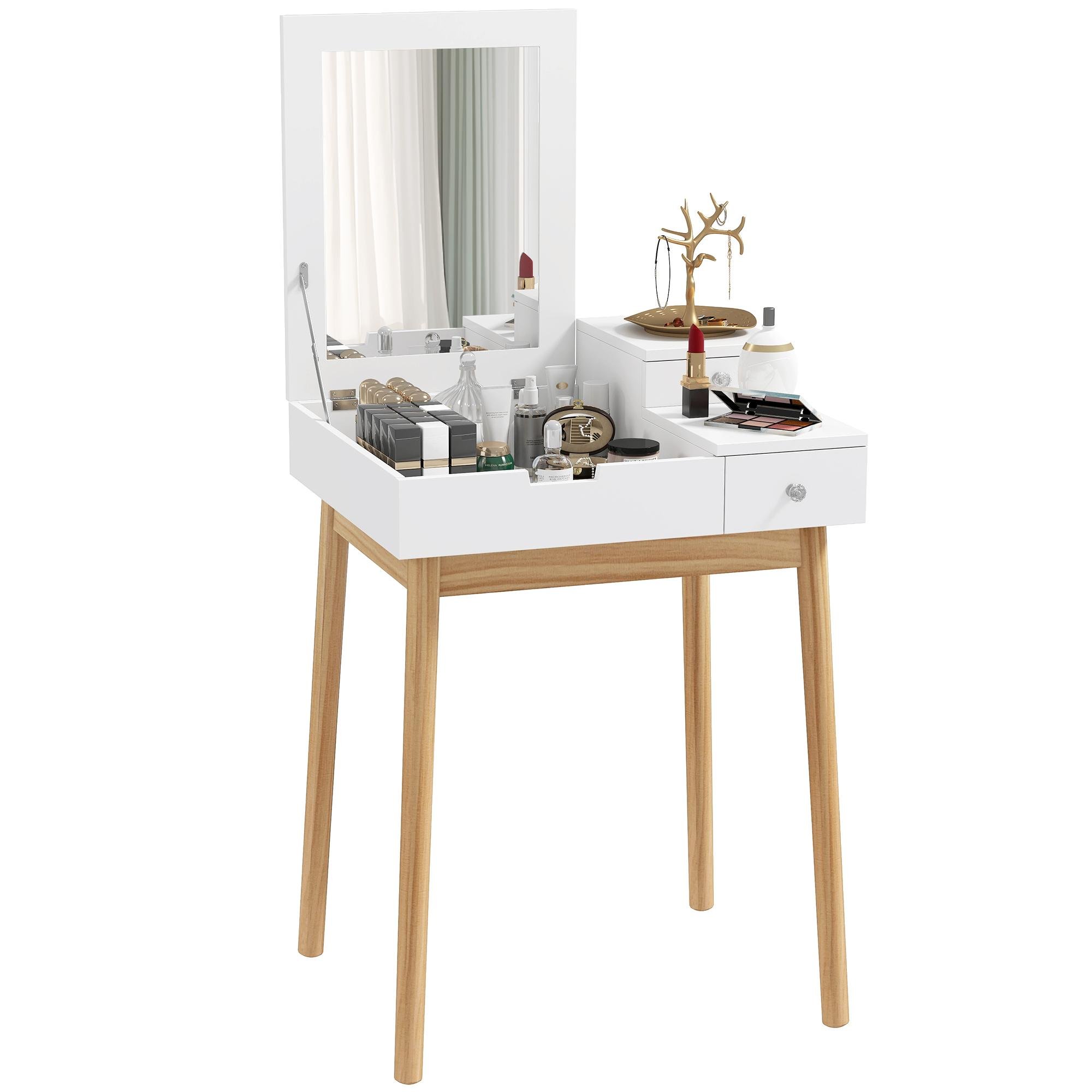 White Pine Leg Vanity Table with Flip-Up Mirror