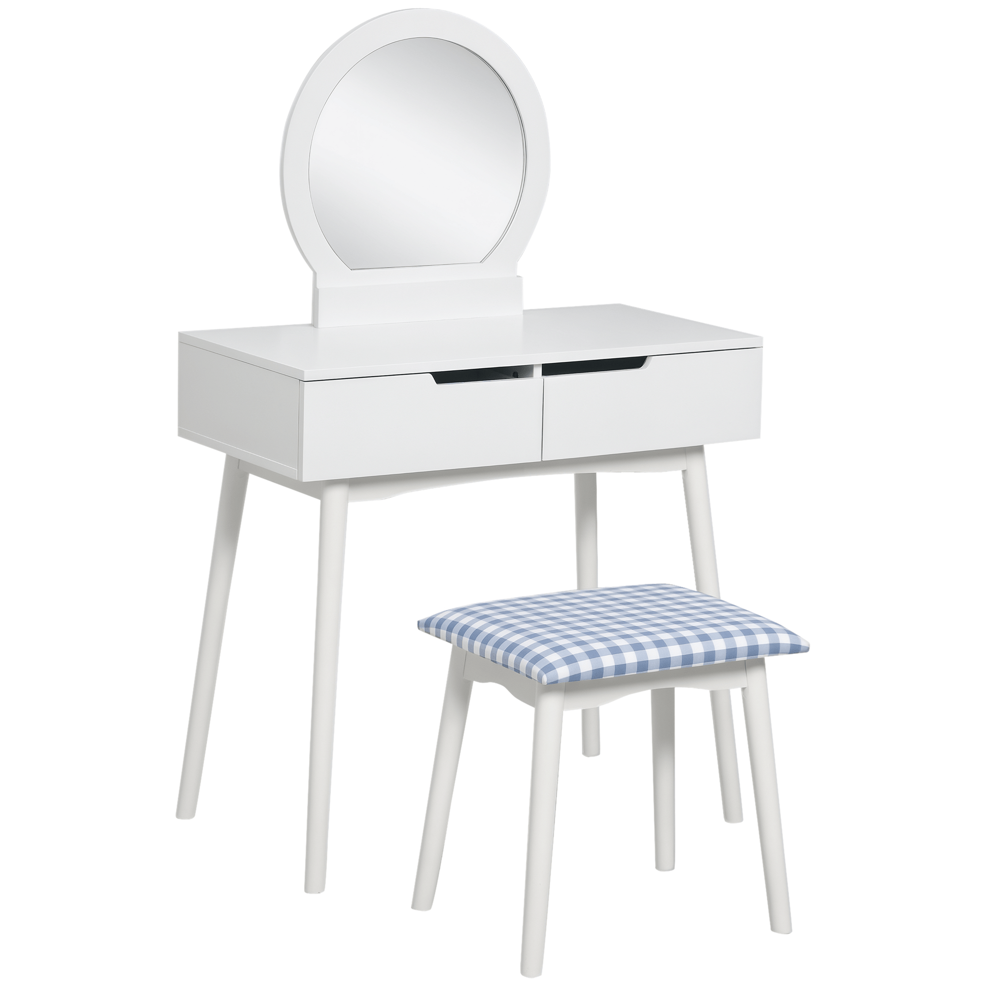 White Two Drawer Vanity Set with Round Mirror and Stool