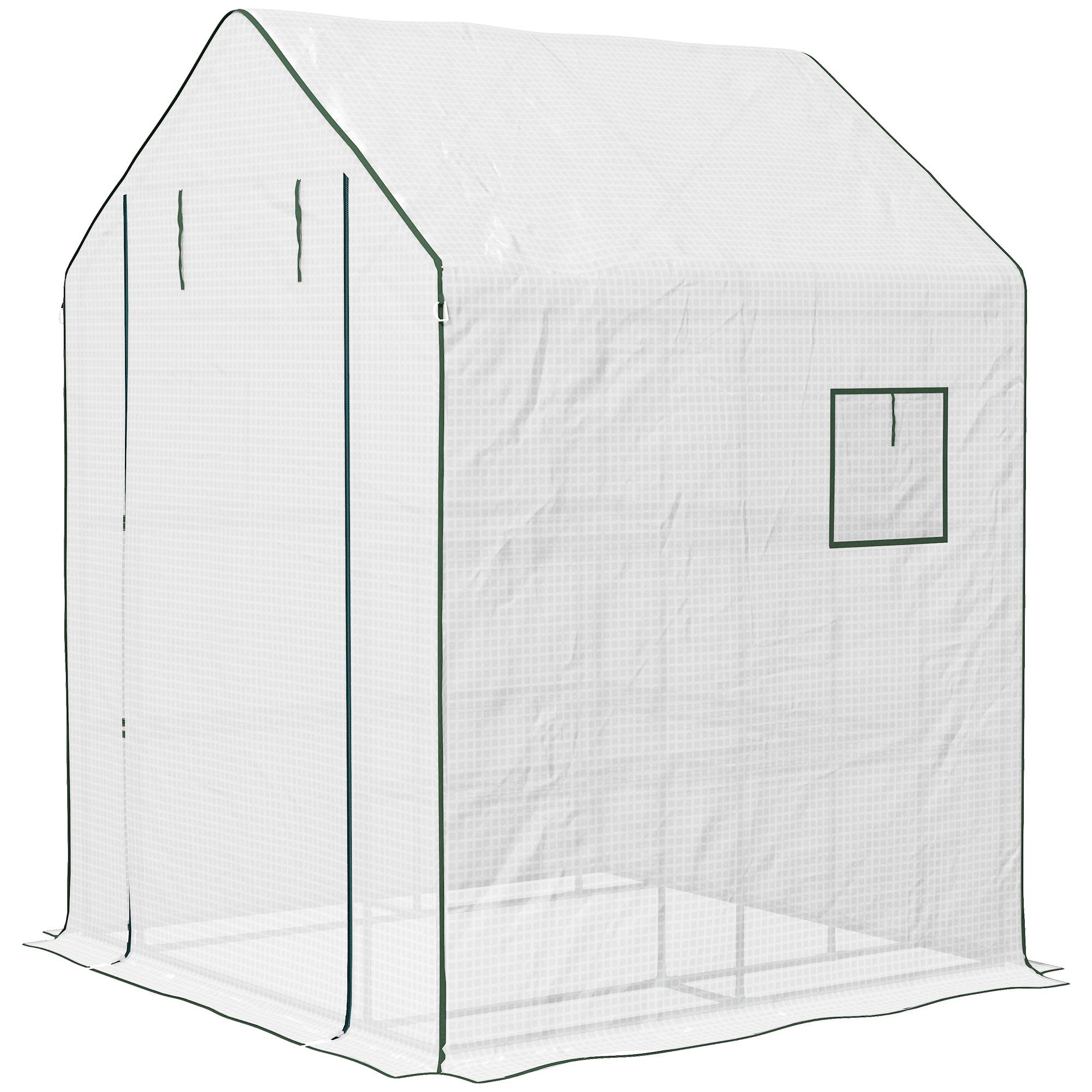 Small White Walk-In Greenhouse with 2-Tier Rack