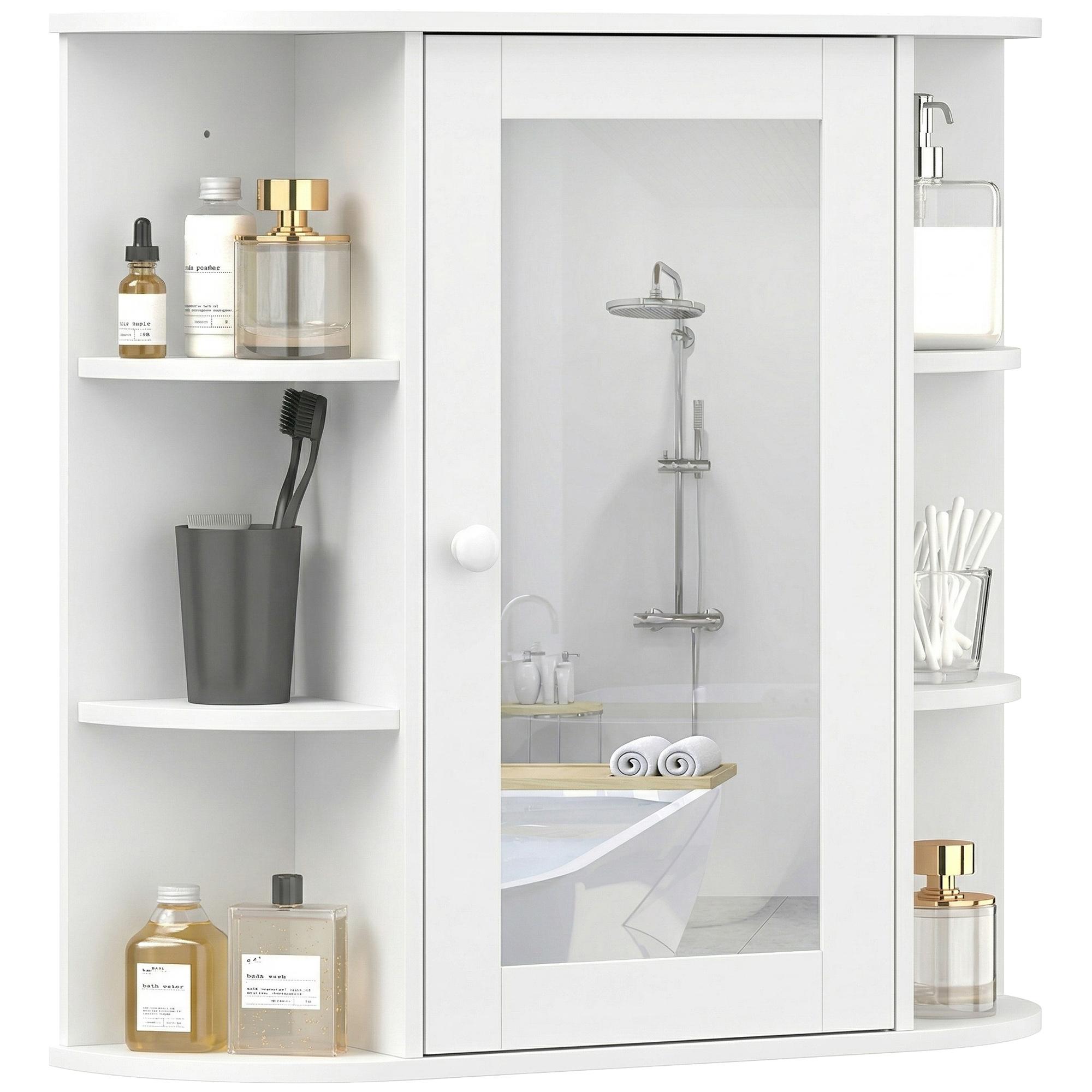 White Mirrored Wall Cabinet with Open Shelves, 26 Inch