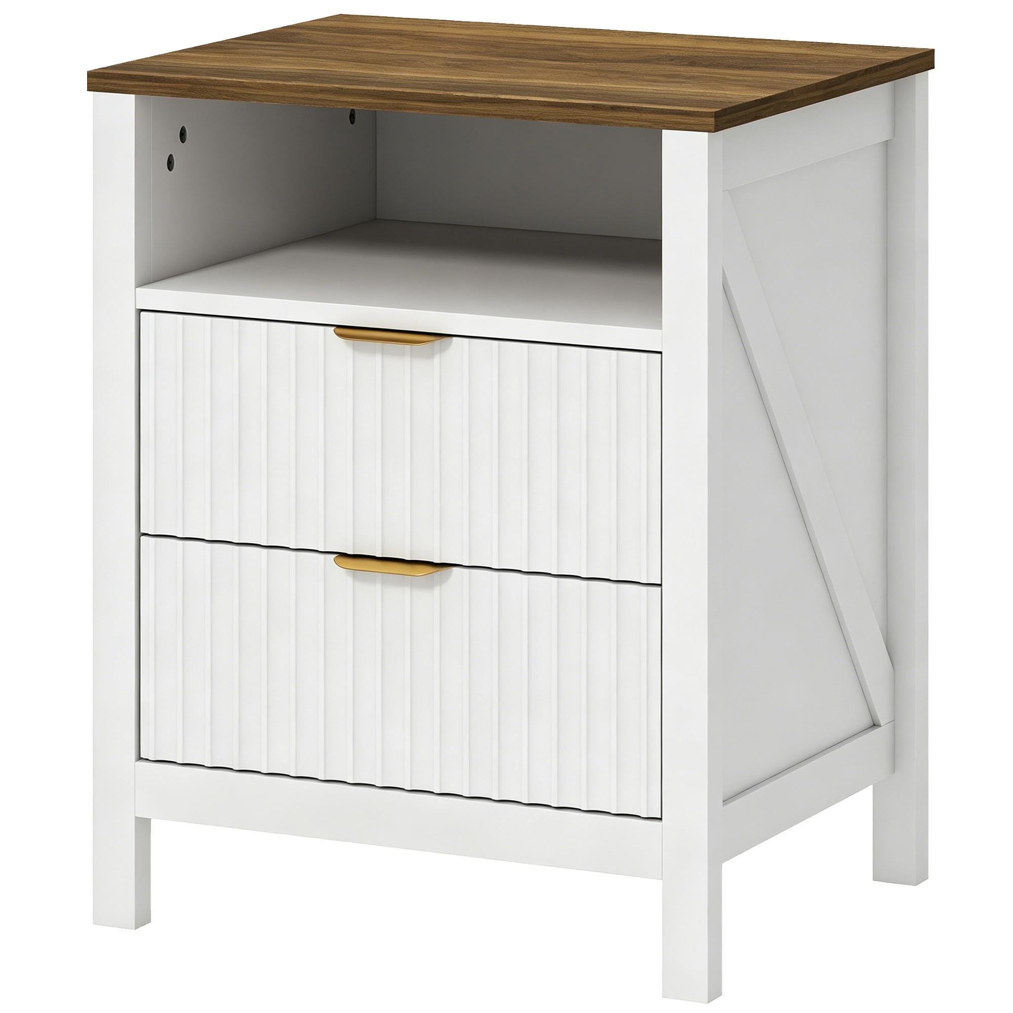 White Walnut Wave Panel Nightstand with Two Drawers