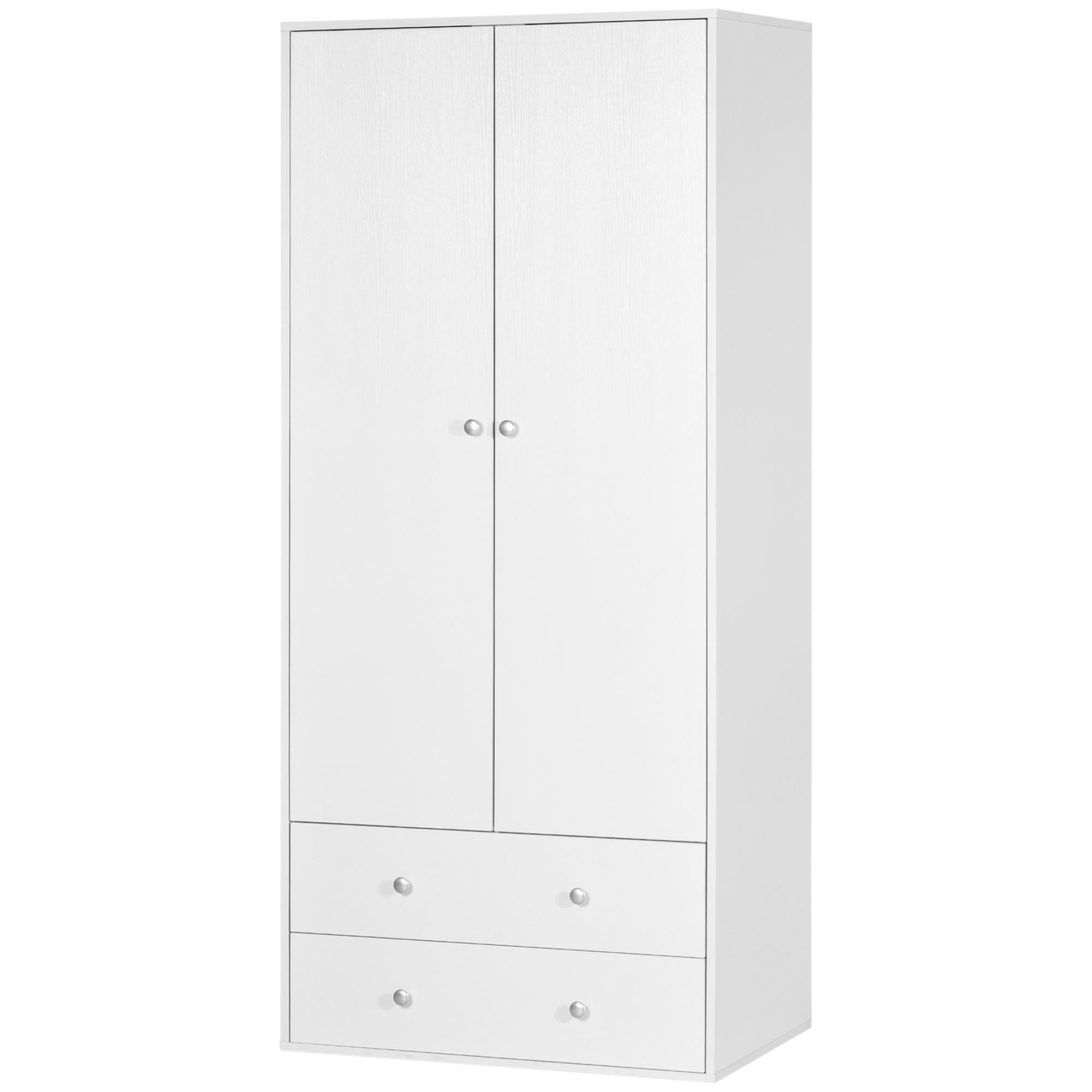 white two drawer wardrobe with hanging rod, 70.9 in tall