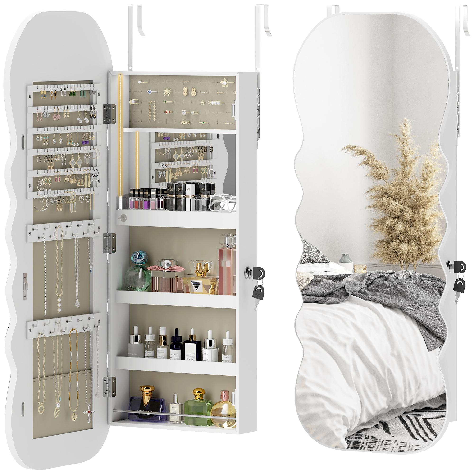 White Wavy Jewellery Armoire with Lighted Mirror