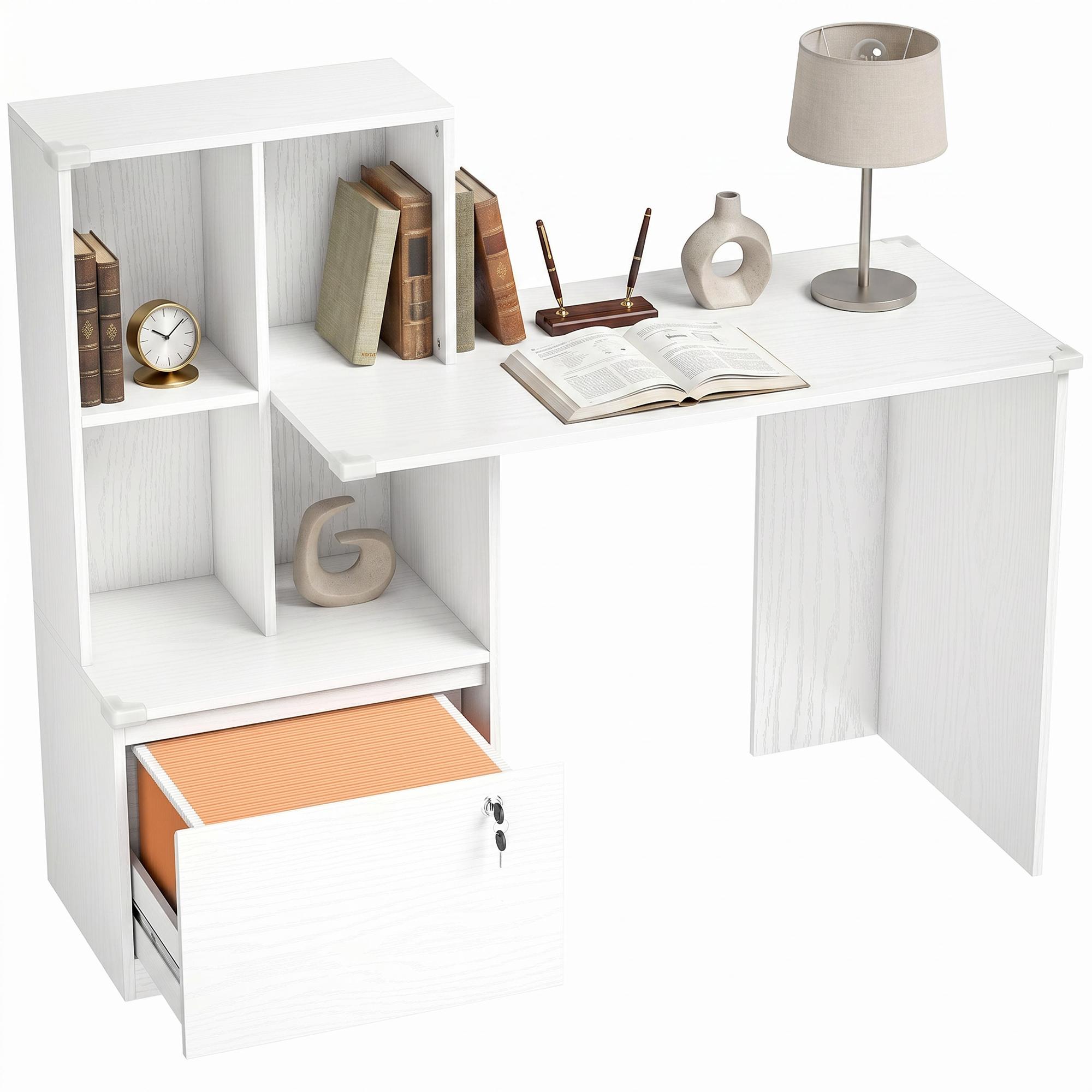 White Wood Grain File Desk with Bookshelf, 49.6 in