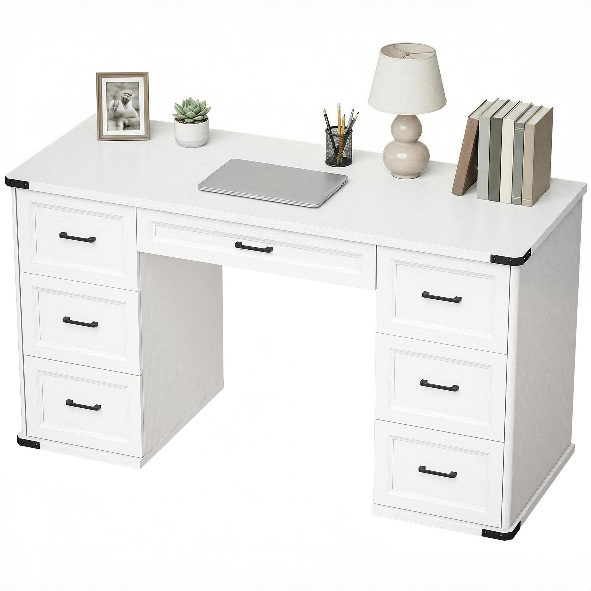 White 7 Drawer Desk with 55.1-Inch Farmhouse Workspace
