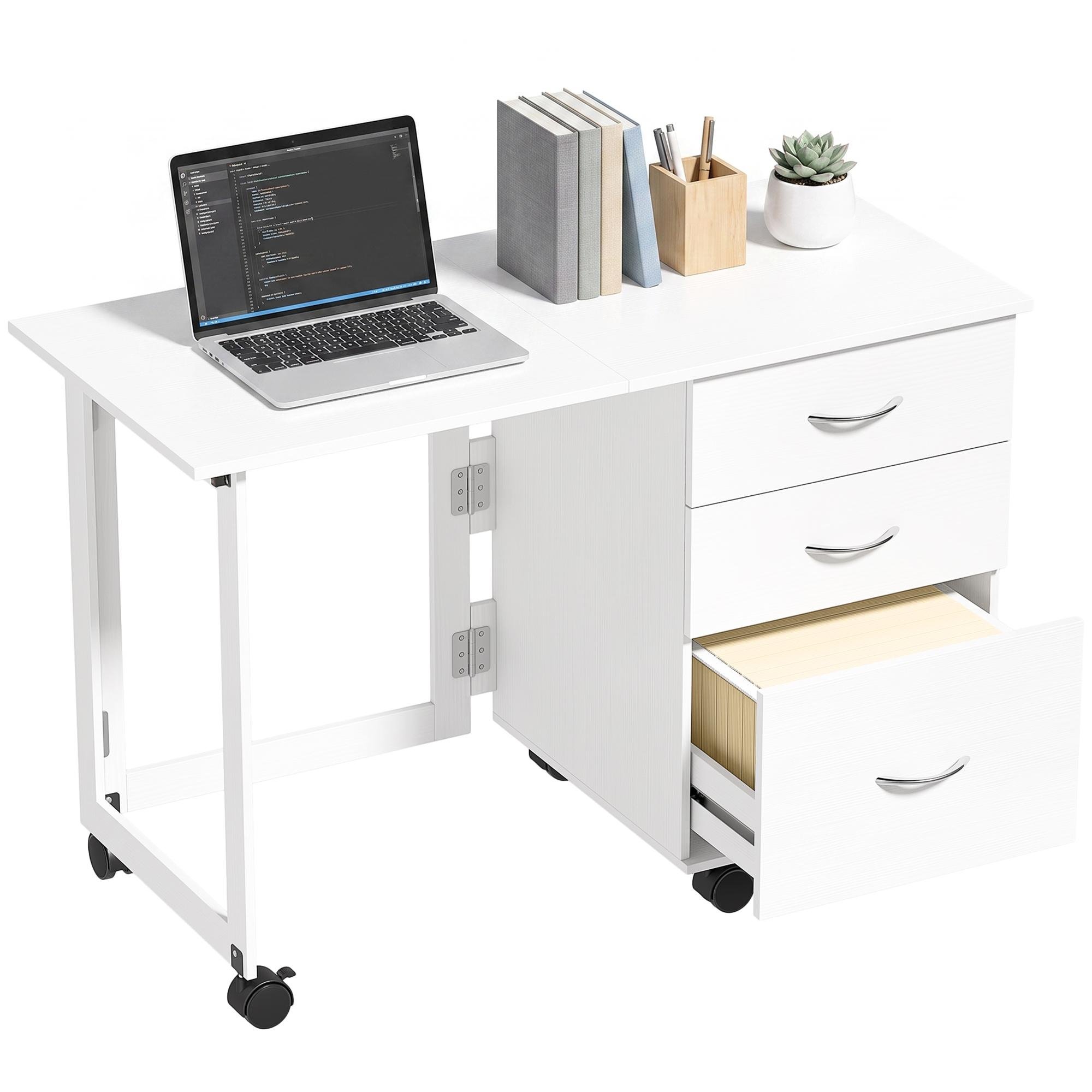 White 42.1 Inch Folding Desk with 3 Drawers