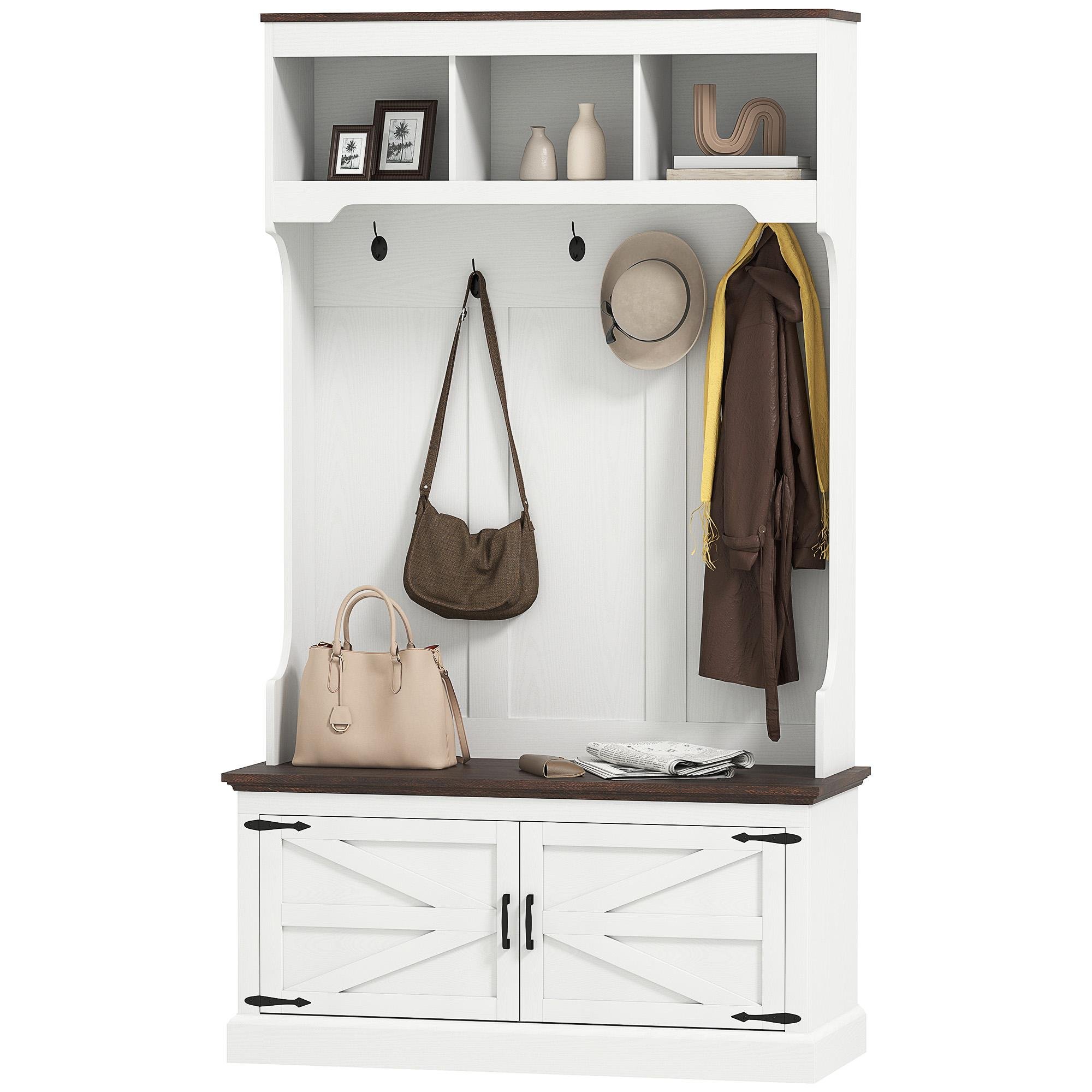 White Wood Grain Hall Tree, 3-in-1 Bench Storage