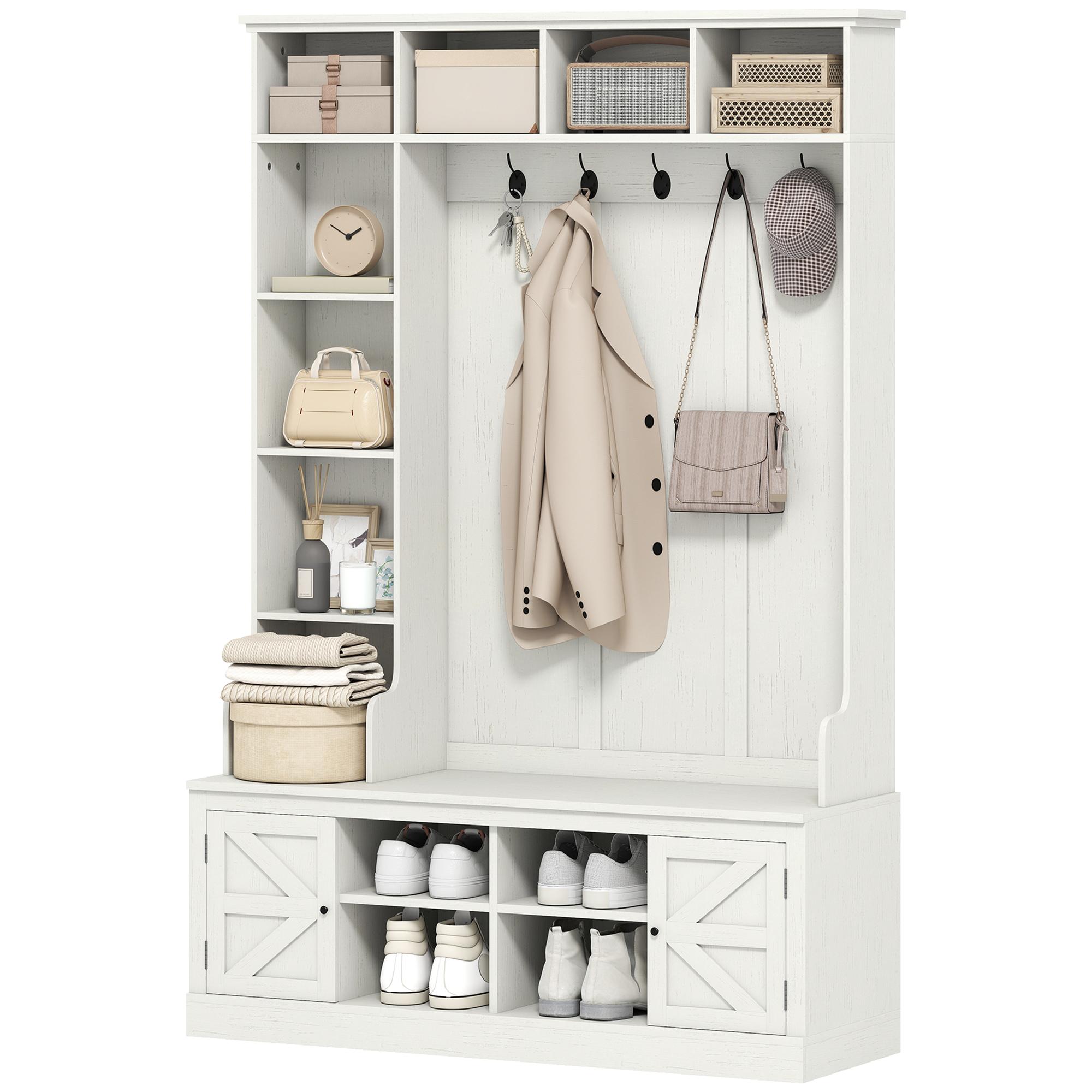 White Wood Grain Entryway Organiser with Bench