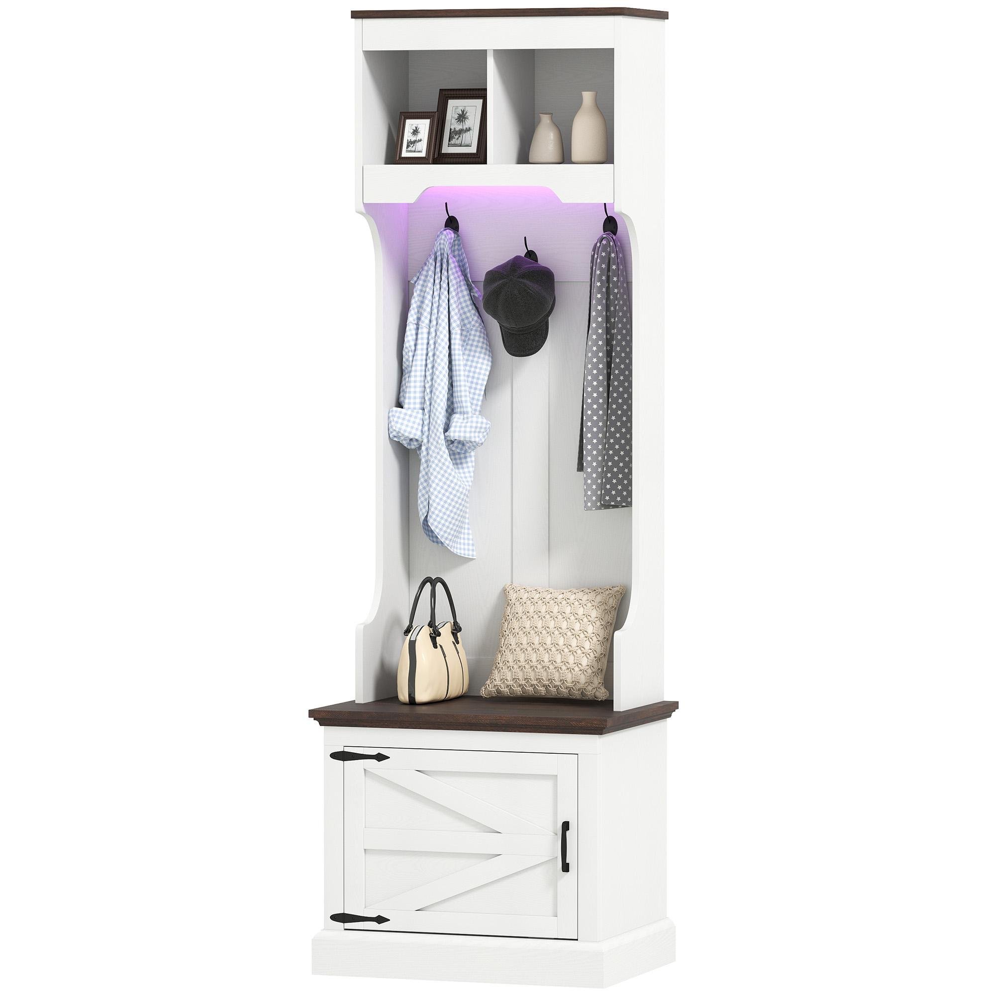 White Wood Grain Shoe Storage with LED Lights and Bench