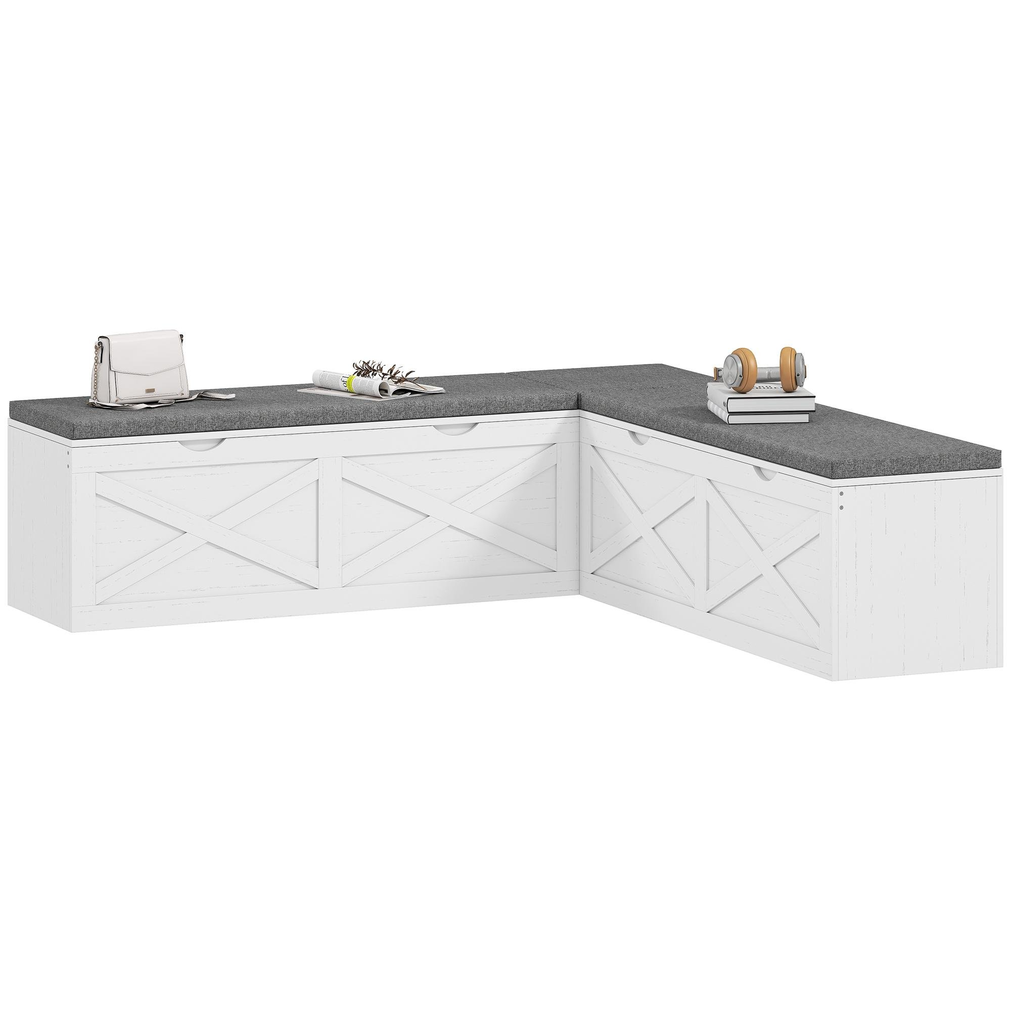 White L-Shaped Storage Bench with Five Compartments for Entryways