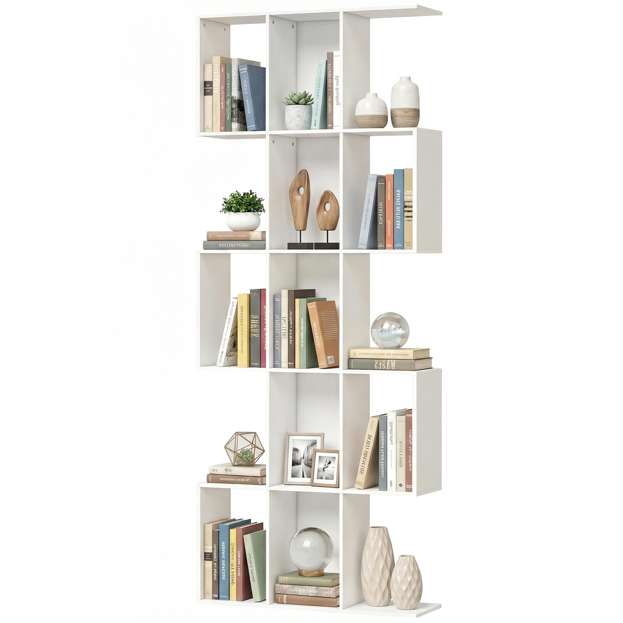 White Wood Grain Bookshelf, 15 Compartments, S-Shaped Design