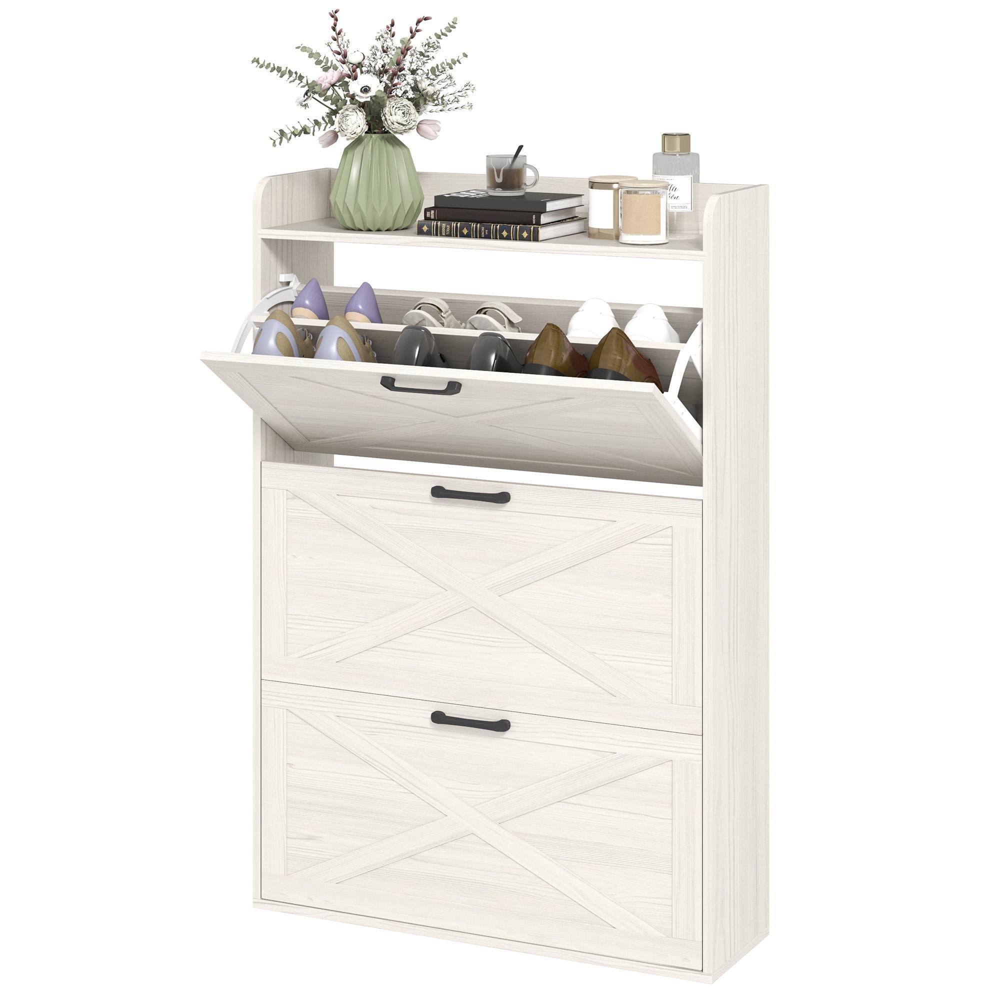 White Wood Grain Shoe Cabinet with Three Flip Drawers