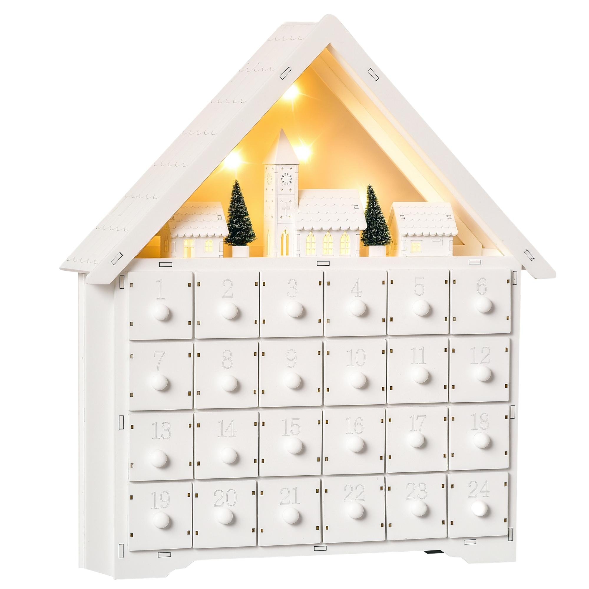 White Wooden Advent Calendar with LED Lights, 24-Drawer Christmas Decor