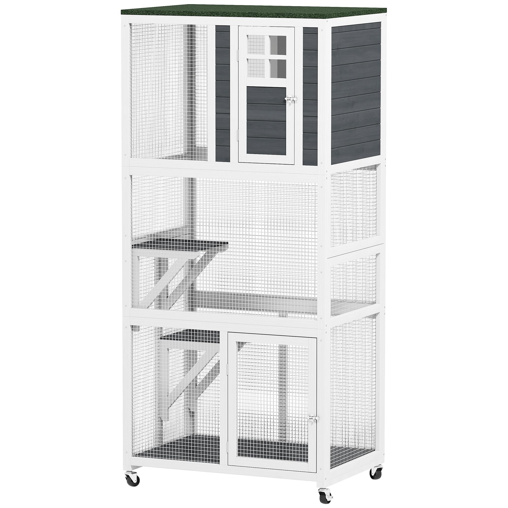 White Fir Wood Cat Enclosure with Wheels, 1-3 Cats