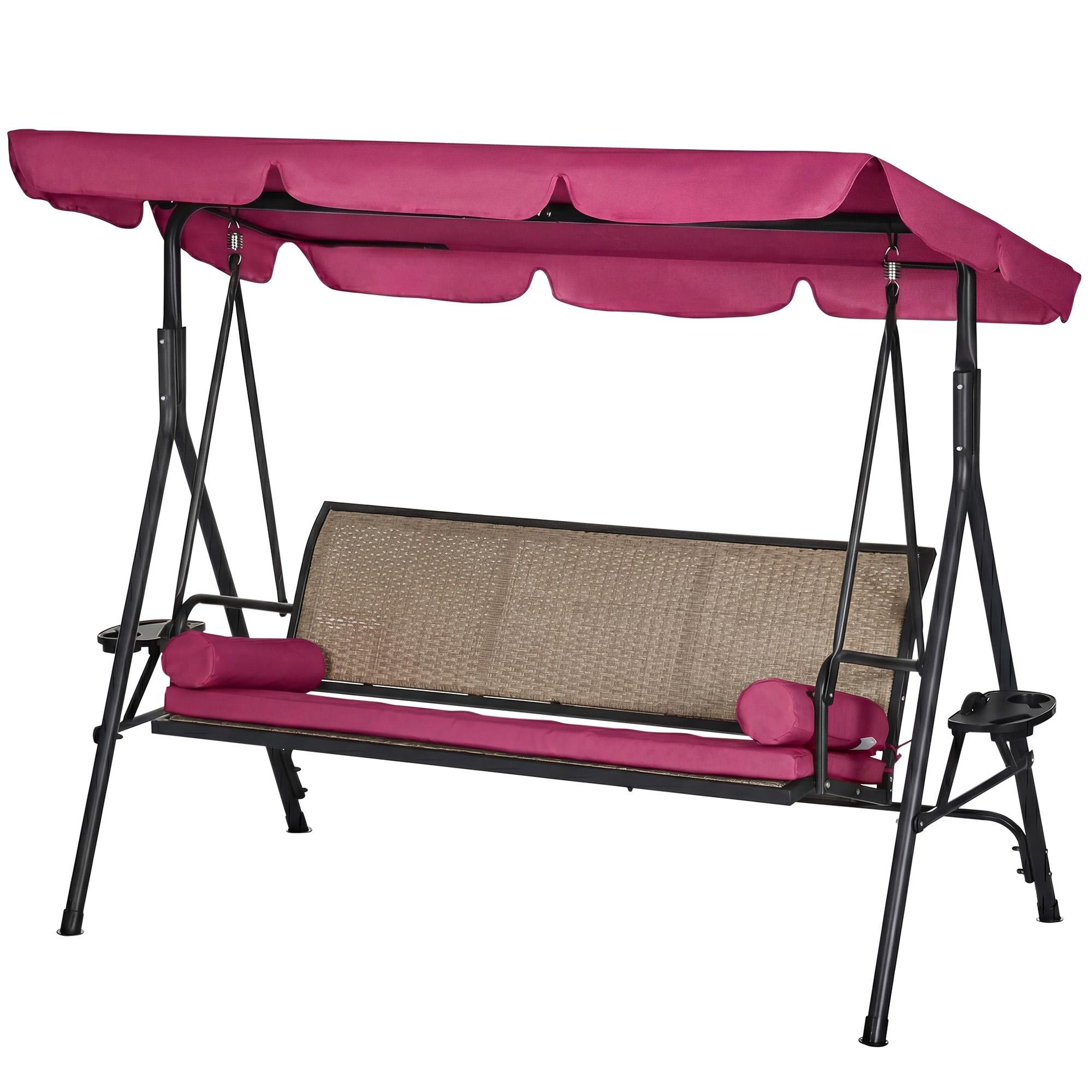 Wine Red Rattan Swing with Adjustable Canopy