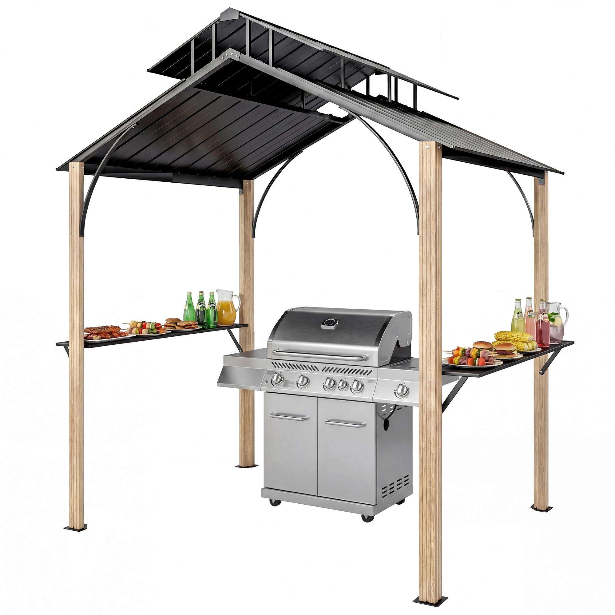 Wood-Grain Grill Gazebo with Vented Double Metal Roof, 8 x 6 ft