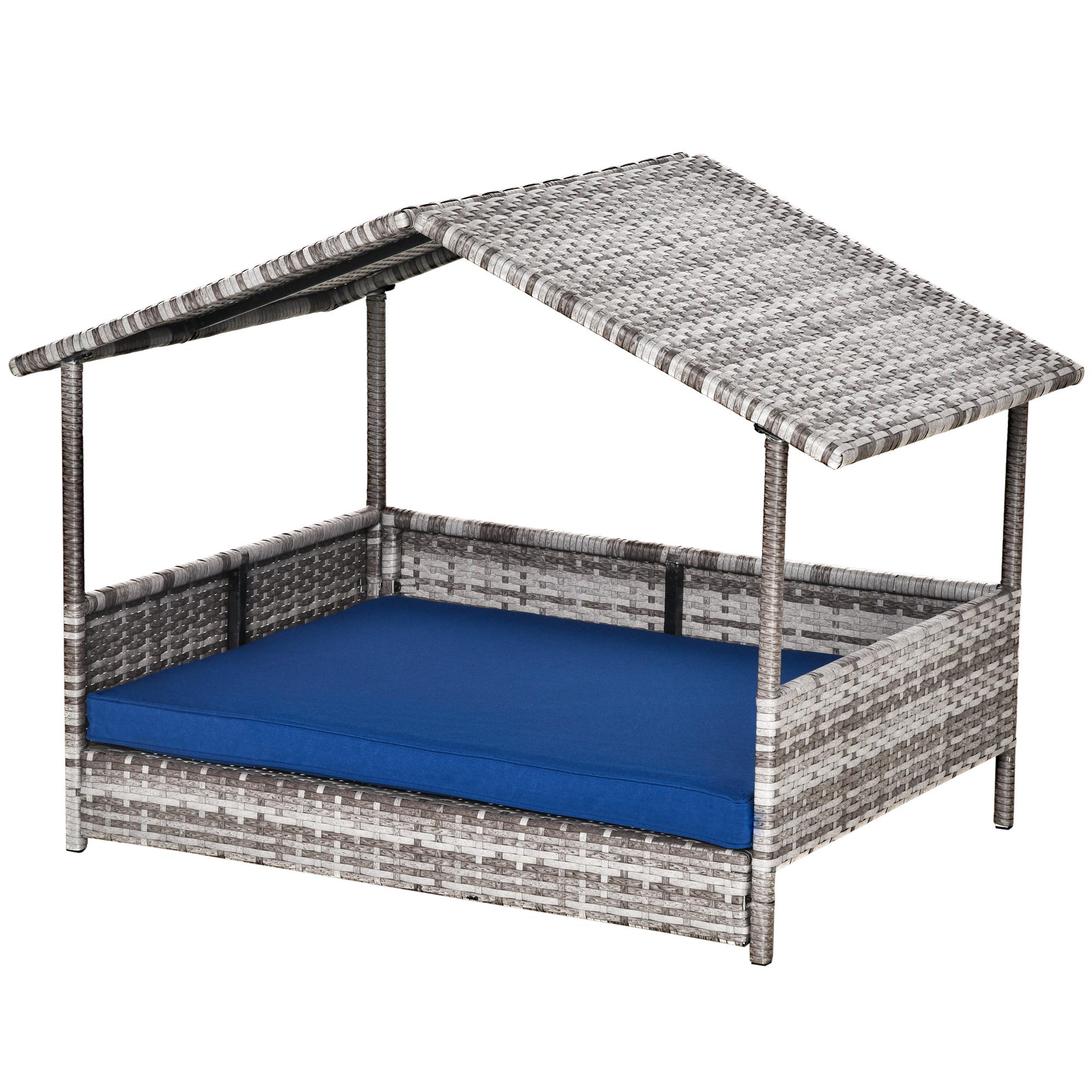 Blue Rattan Canopy Cot with Cushion for Small to Medium Dogs