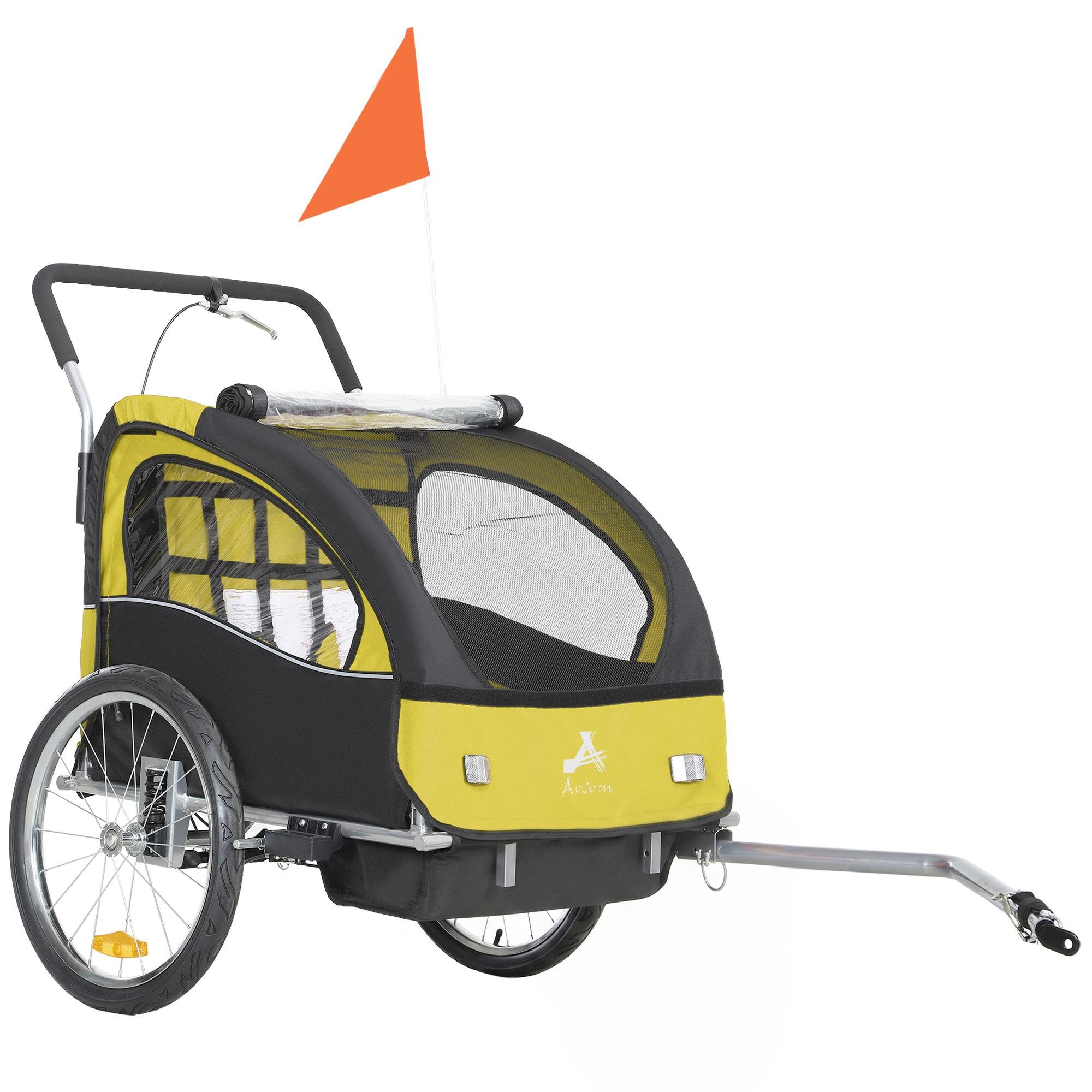 Yellow Two Seat Bike Trailer, Foldable 2-in-1 Stroller