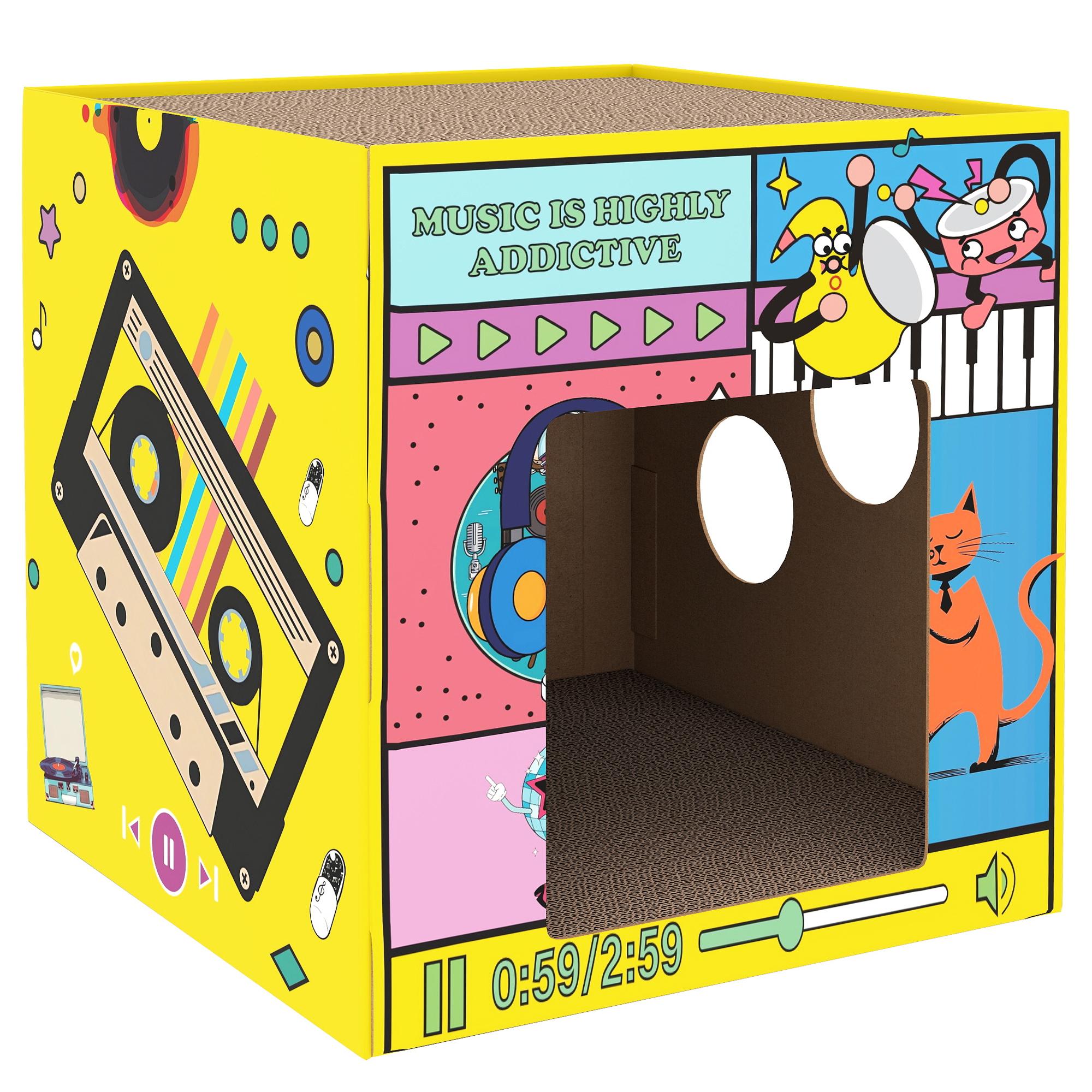 Yellow Cardboard Cat House with Dual Scratching Pads
