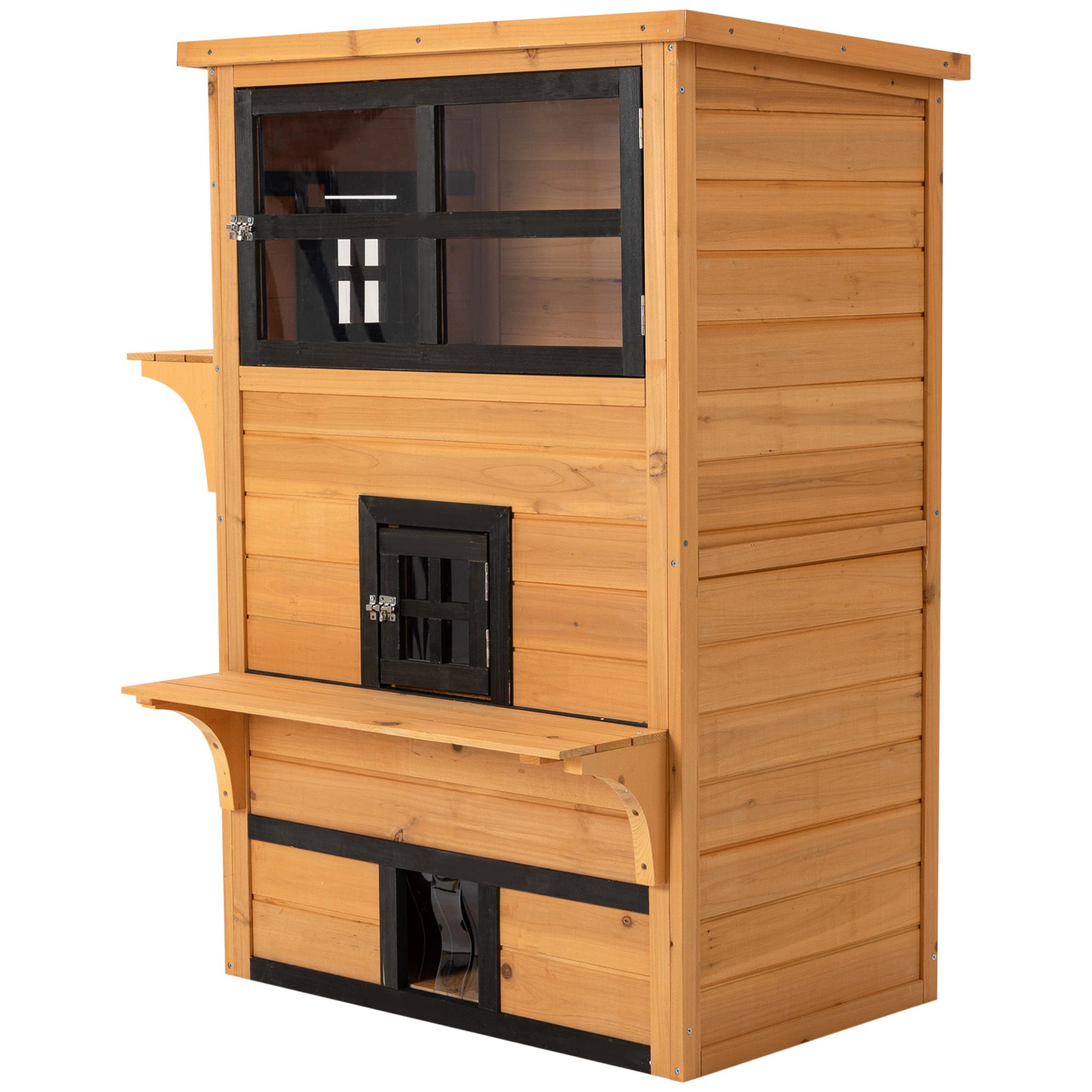 Yellow Fir Wood Cat House, 3-Tier Outdoor Shelter