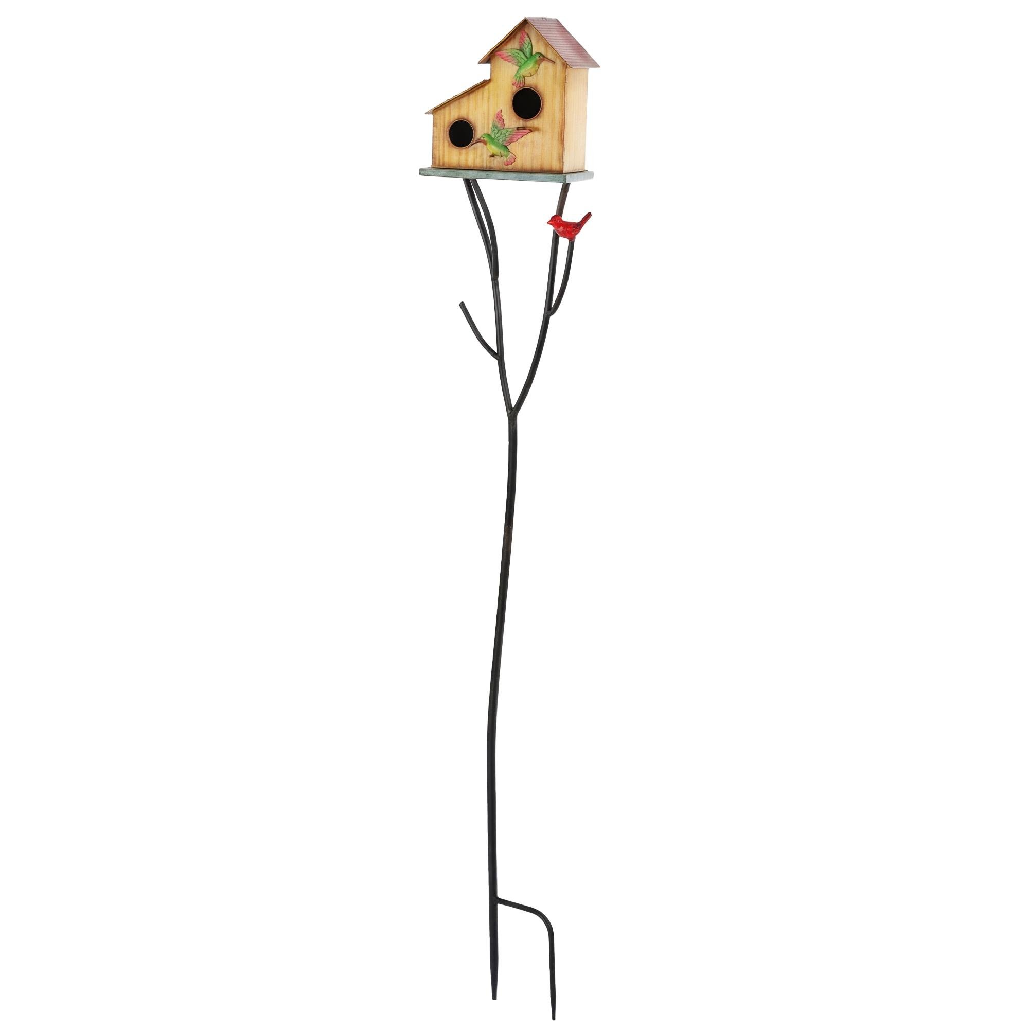 Yellow Metal Bird House with Pole, Two Entrances