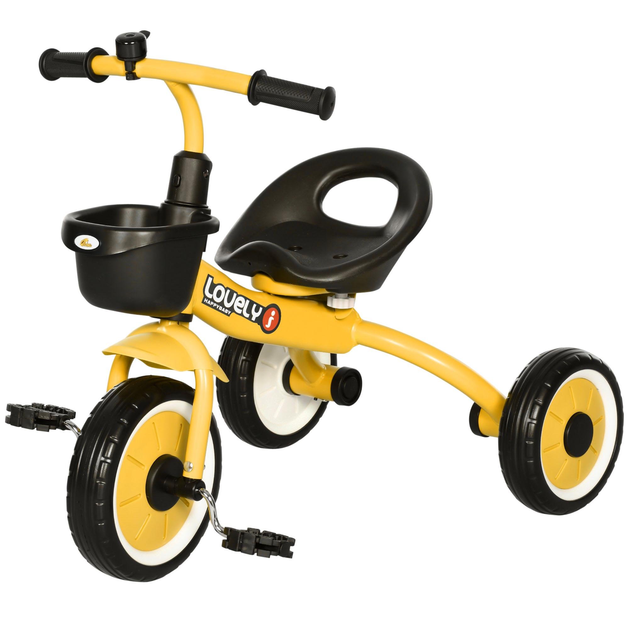 Yellow Adjustable Toddler Tricycle with Bell and Basket